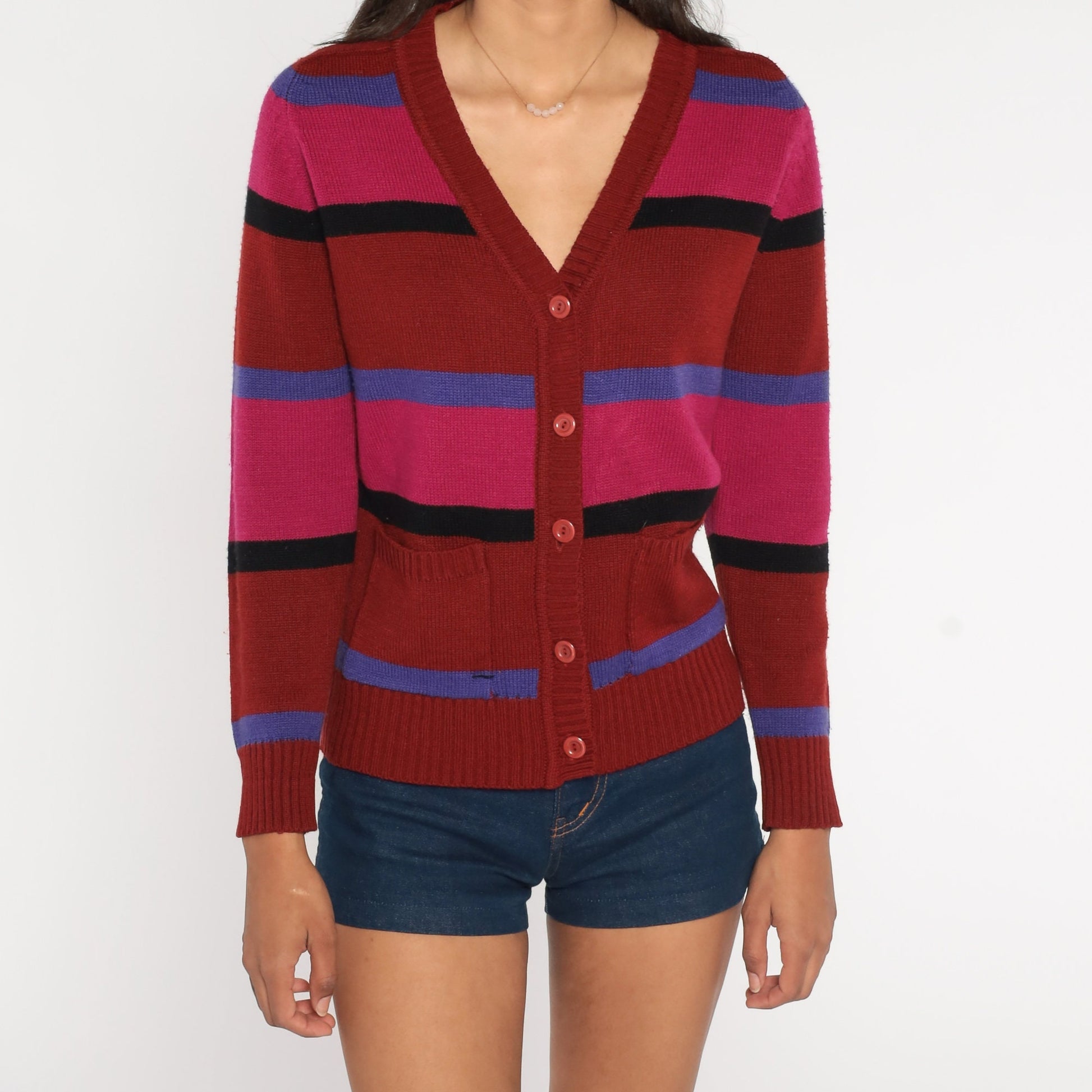 70s Striped Cardigan Rust Red Pink Purple V-Neck Button-Up Knit Small