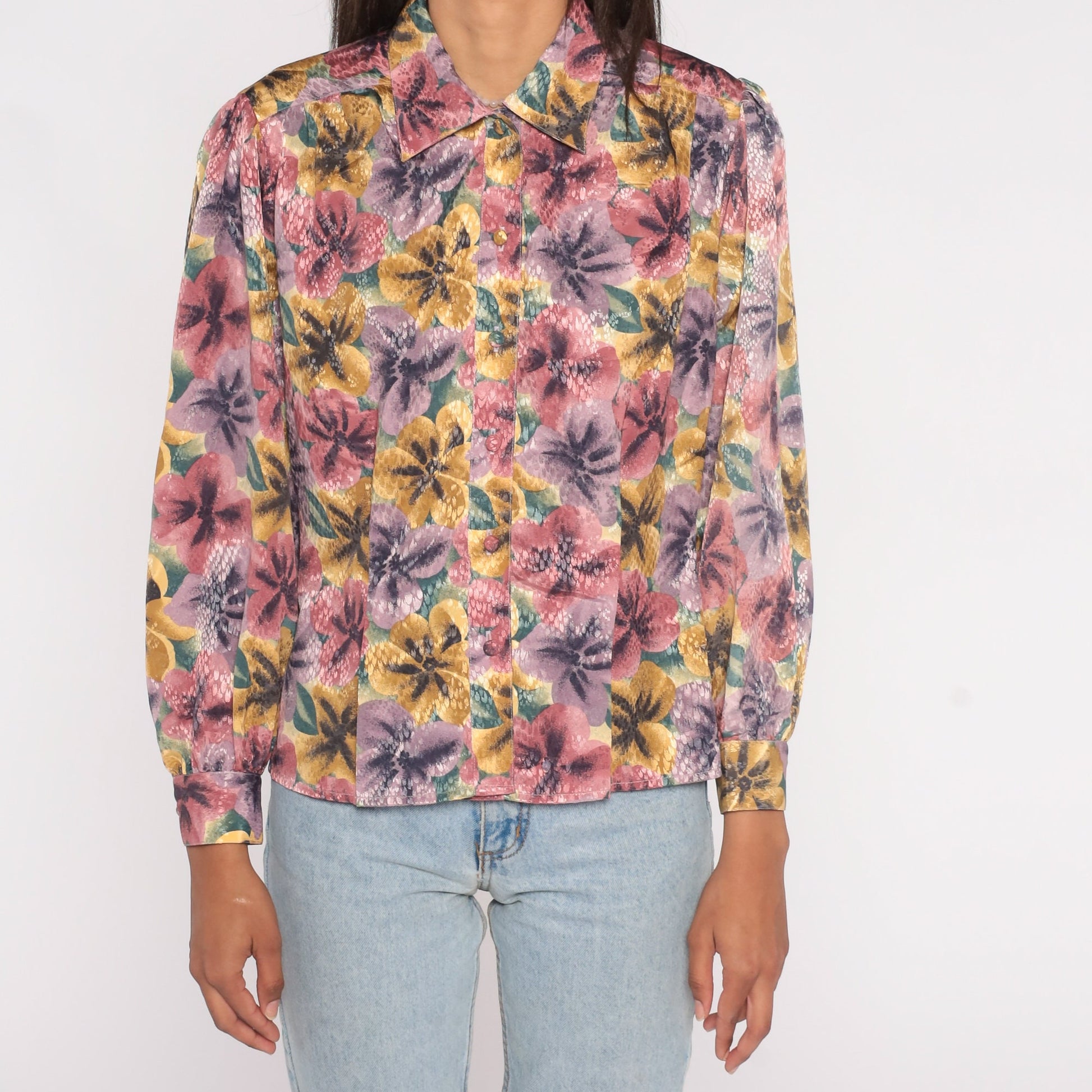 90s Embossed Floral Button-Up Blouse Pink Purple Long Sleeve Collared Shirt Medium