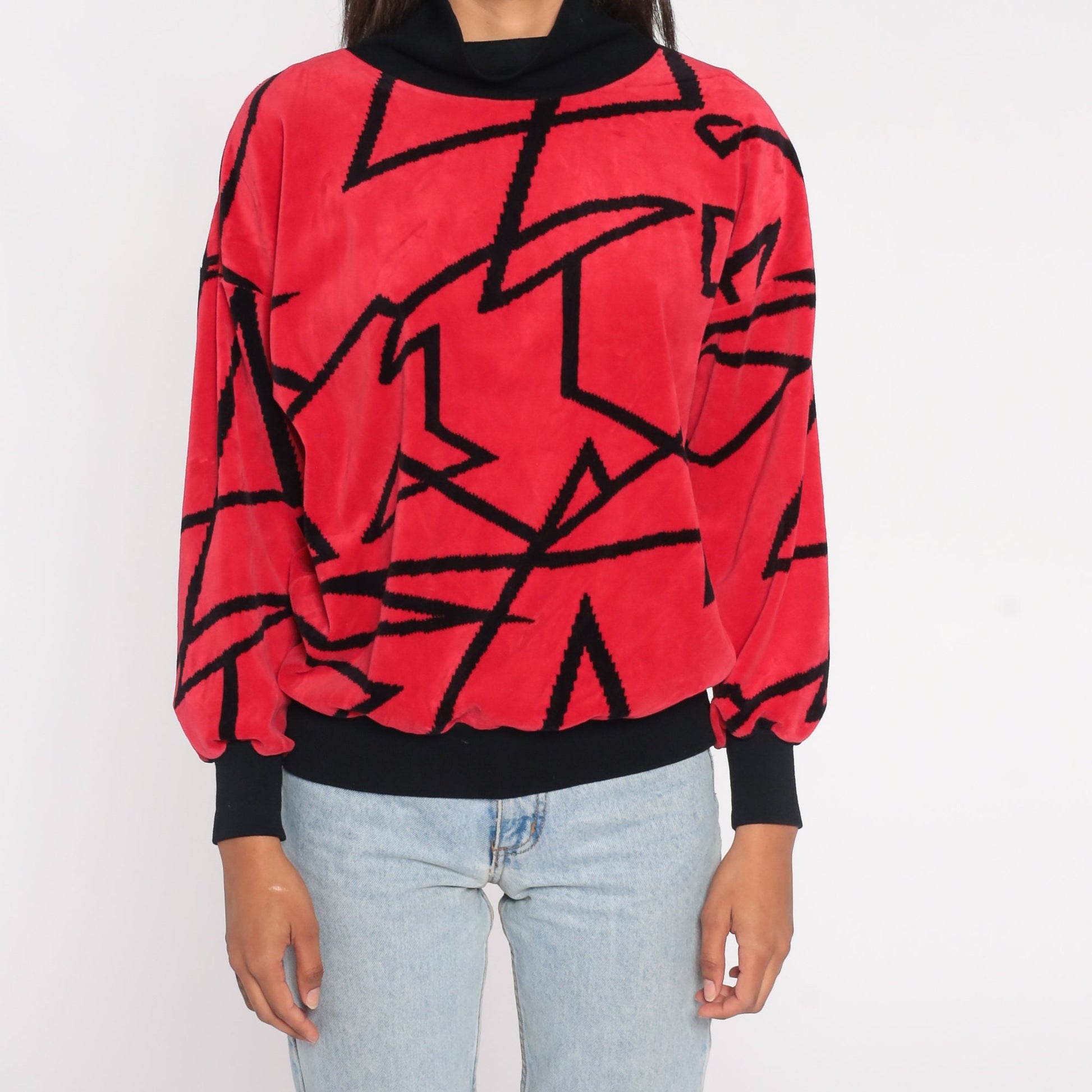 80s Red Velour Mock Neck Sweatshirt Geometric Print Pullover Medium