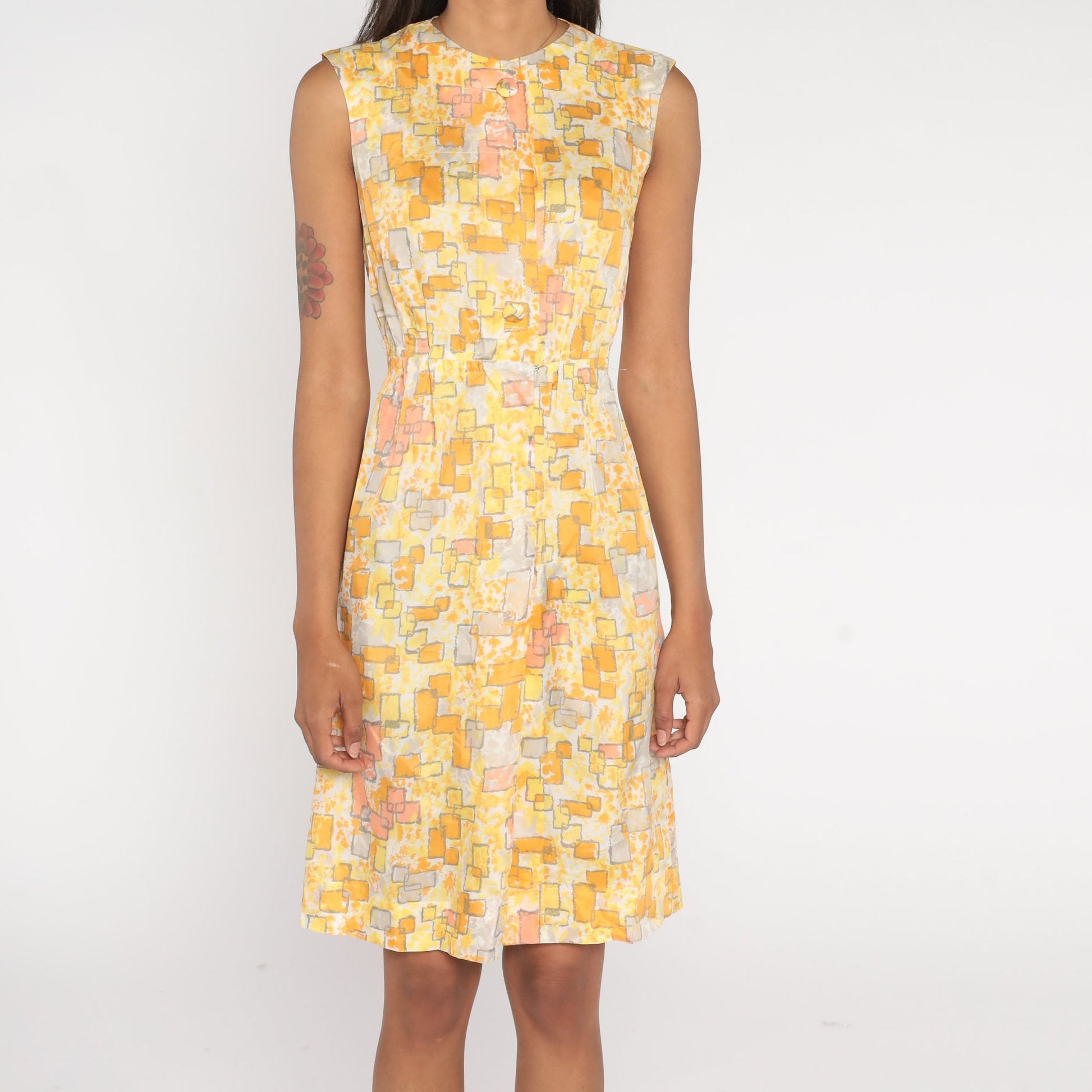 60s Geometric Print Button-Up Mini Dress Yellow Orange High Waist Extra Small