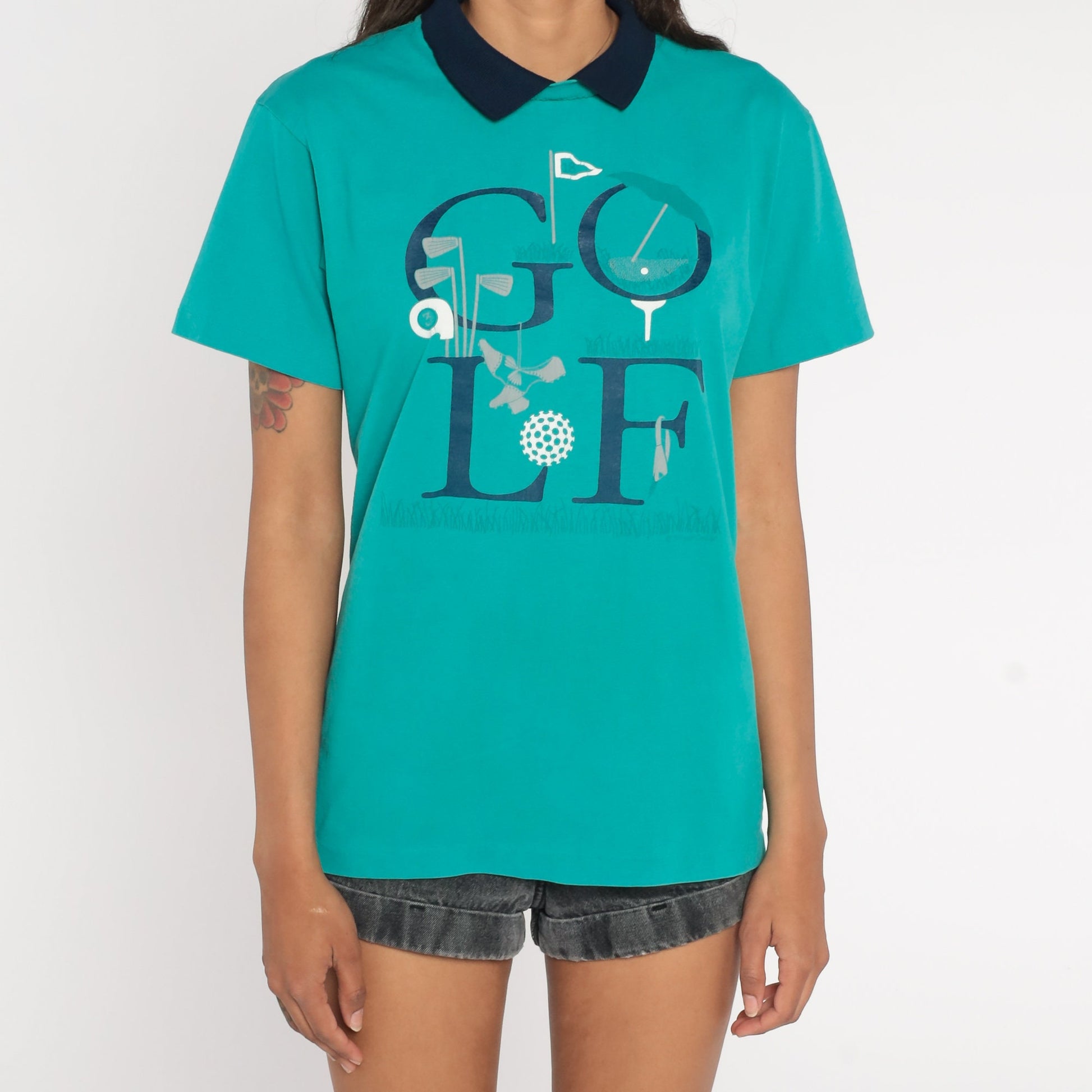 90s Golf Graphic Collared T-Shirt Turquoise Small S
