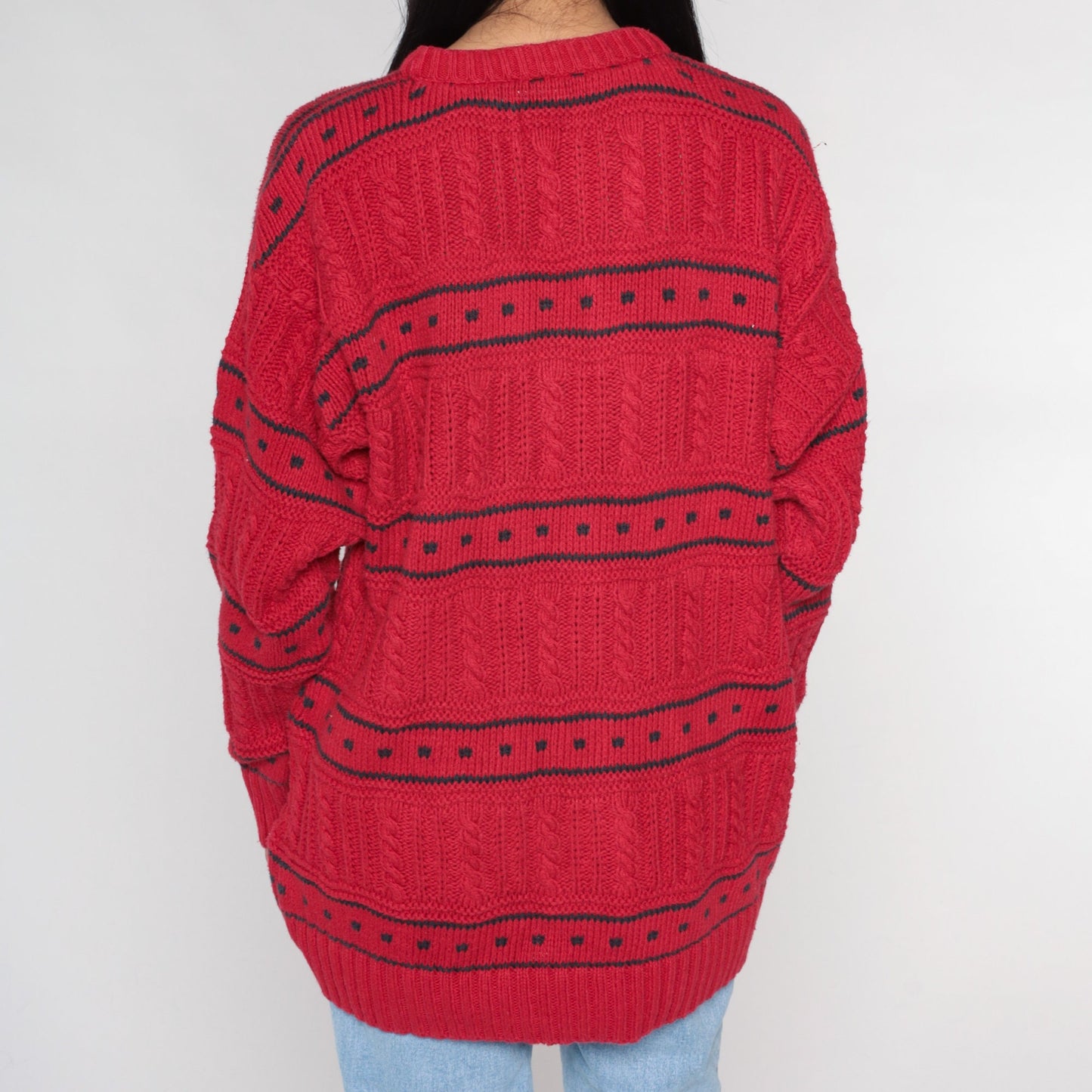 90s Red Cable Knit Sweater Black Geometric Square Crewneck Cotton Large L