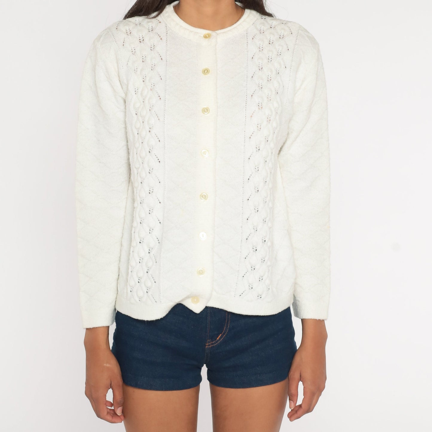70s Pointelle Cardigan White Open Weave Button-Up Sweater Small S
