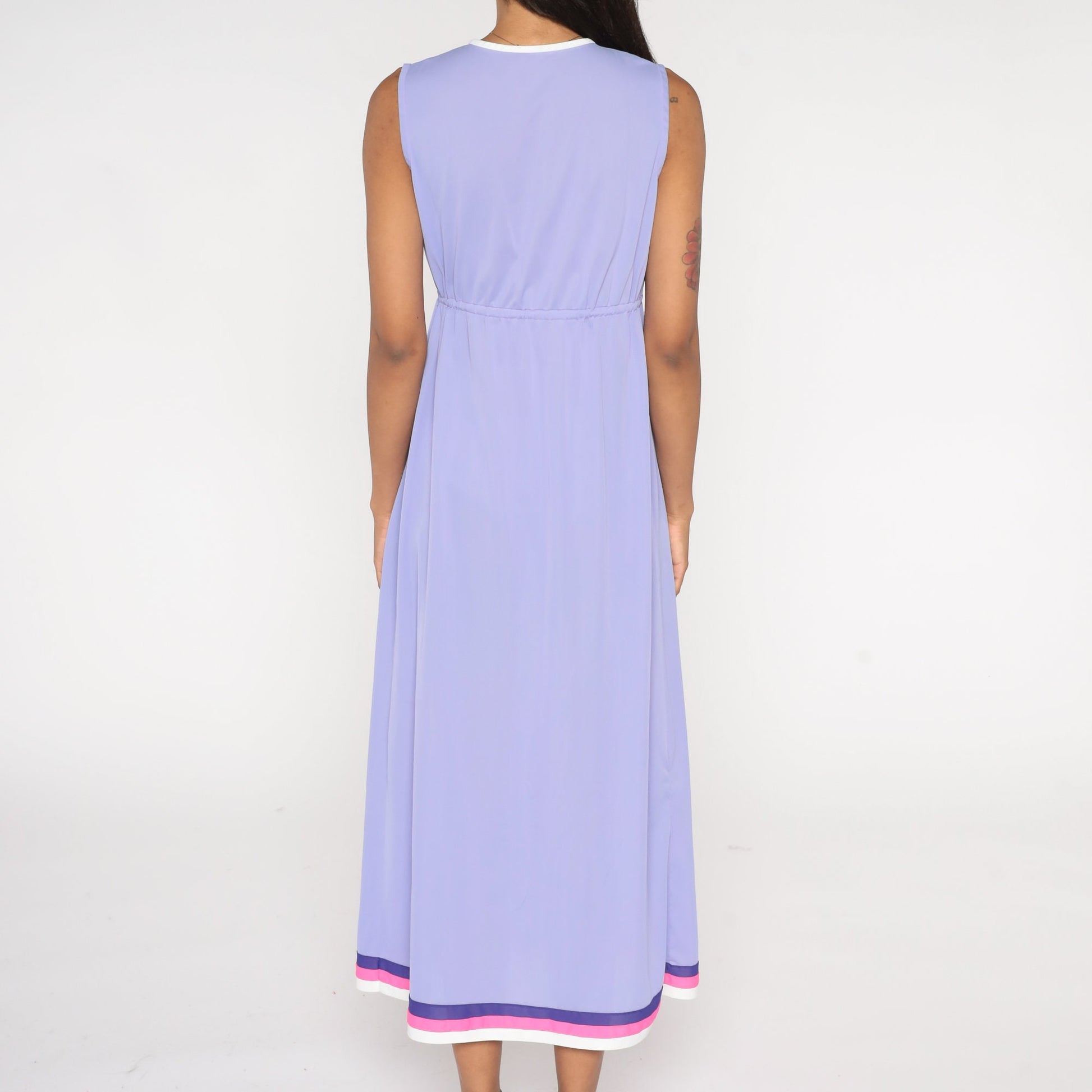 70s Lavender Nylon Slip Nightgown Striped High Waist Maxi Medium