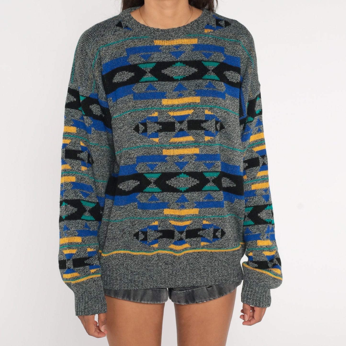 90s Southwestern Geometric Knit Sweater Grey Crewneck Pullover Extra Large