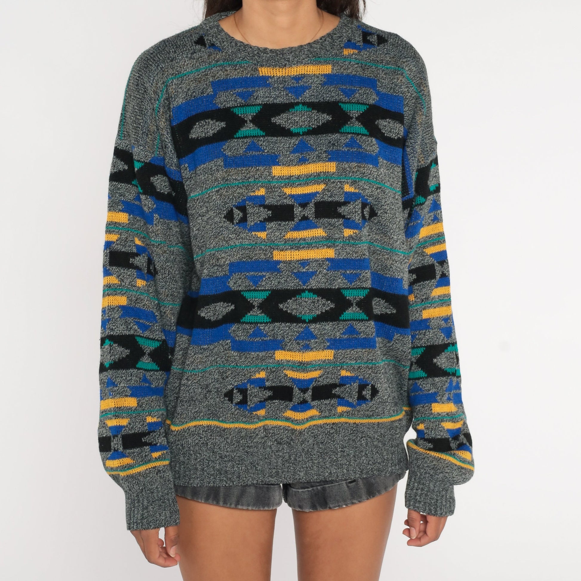90s Southwestern Geometric Knit Sweater Grey Crewneck Pullover Extra Large