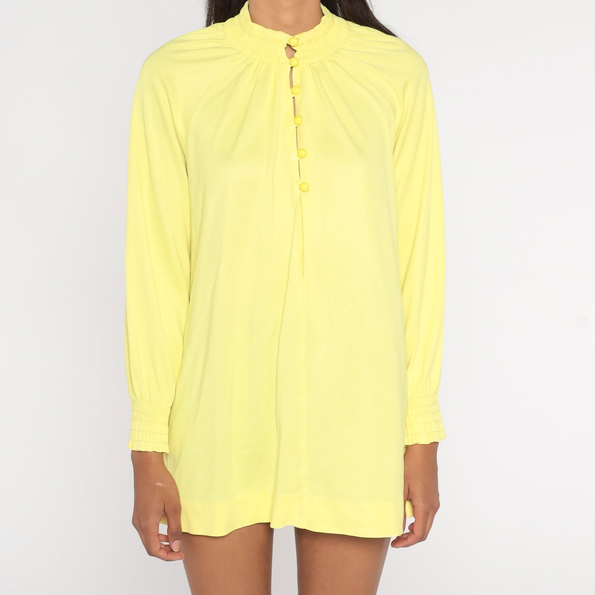 70s Cole of California Yellow Button-Up Blouse Smocked Long Raglan Sleeve Medium Large