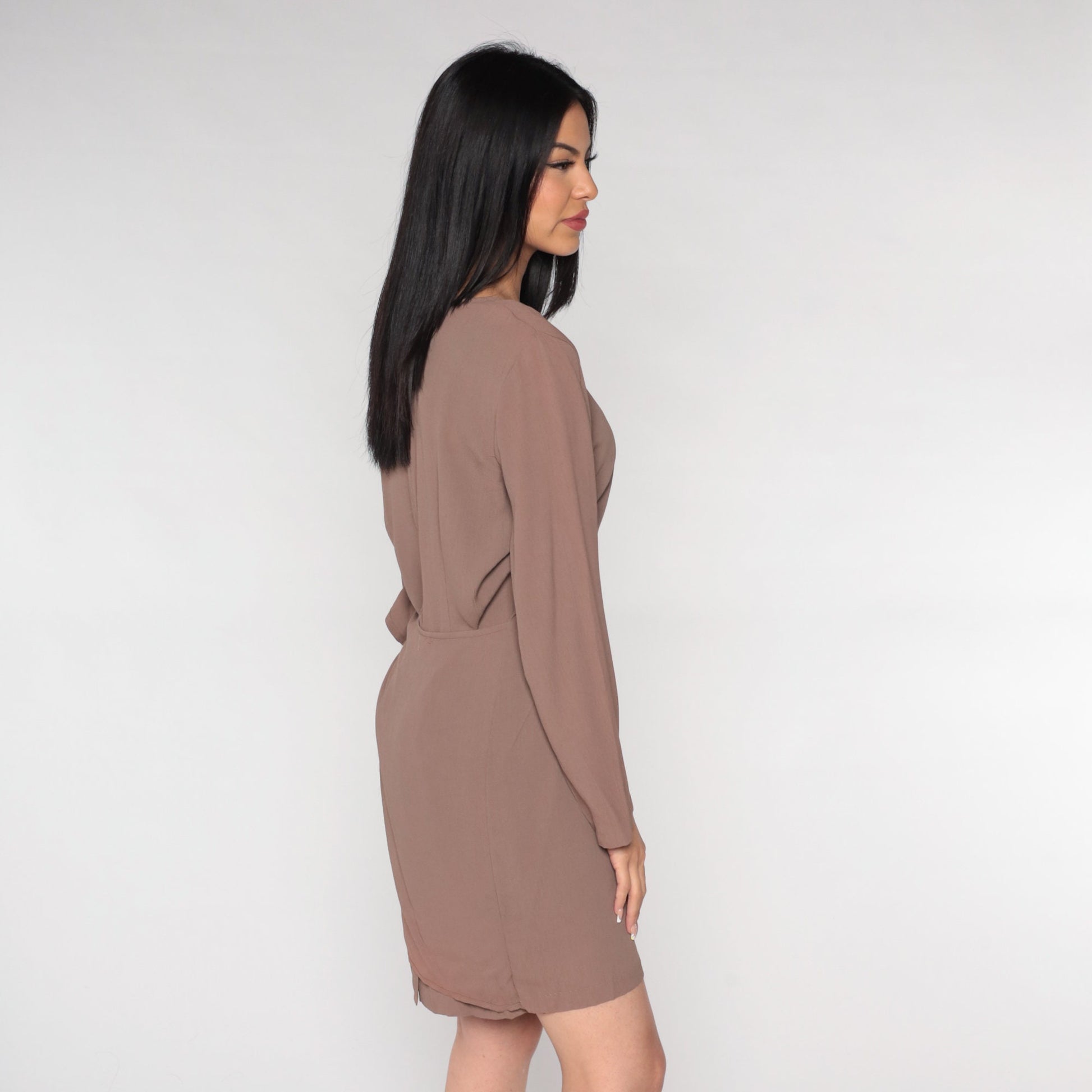 90s Brown Wrap Dress Long Sleeve Mini Shift Dress Medium