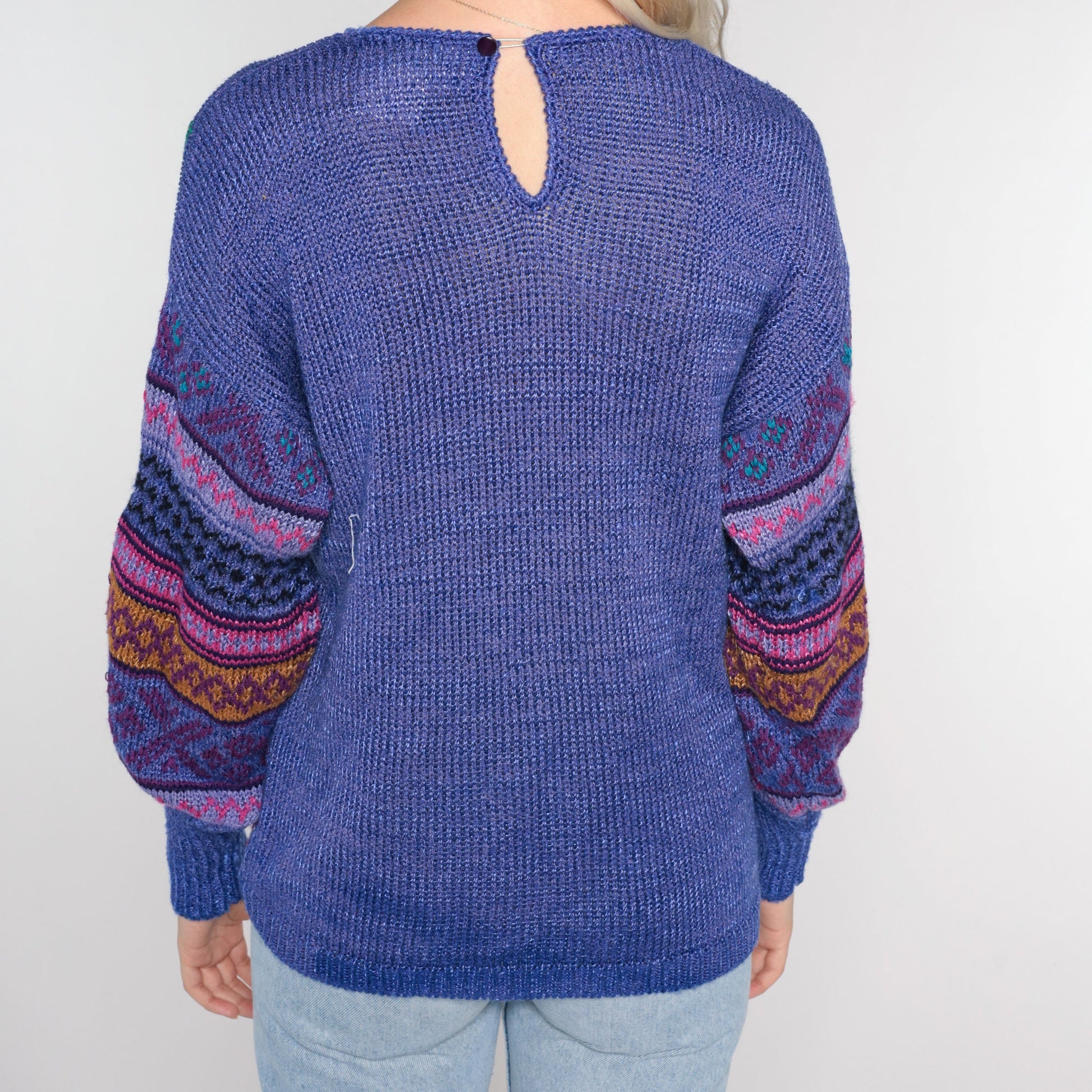 80s Purple Floral Geometric Knit Sweater Pullover Medium