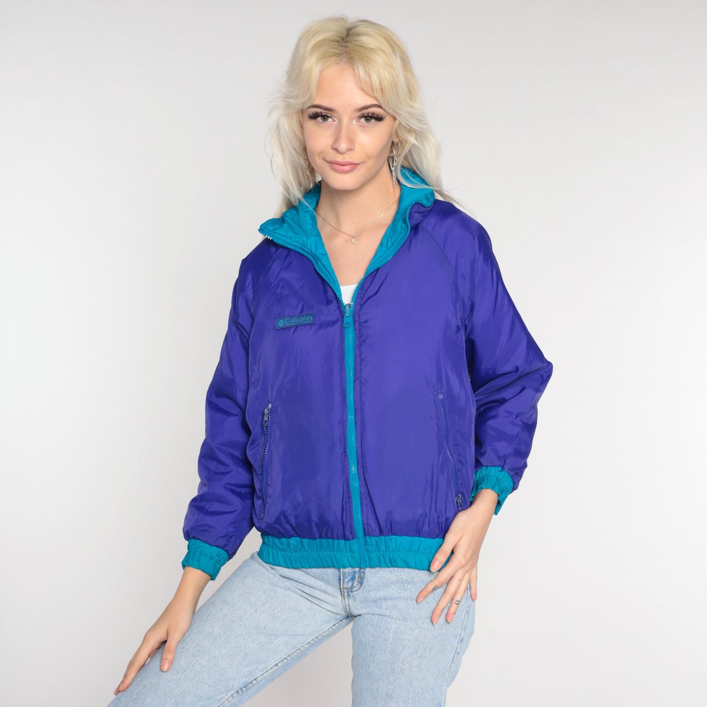 90s Columbia Reversible Windbreaker Jacket Turquoise Purple Extra Small XS