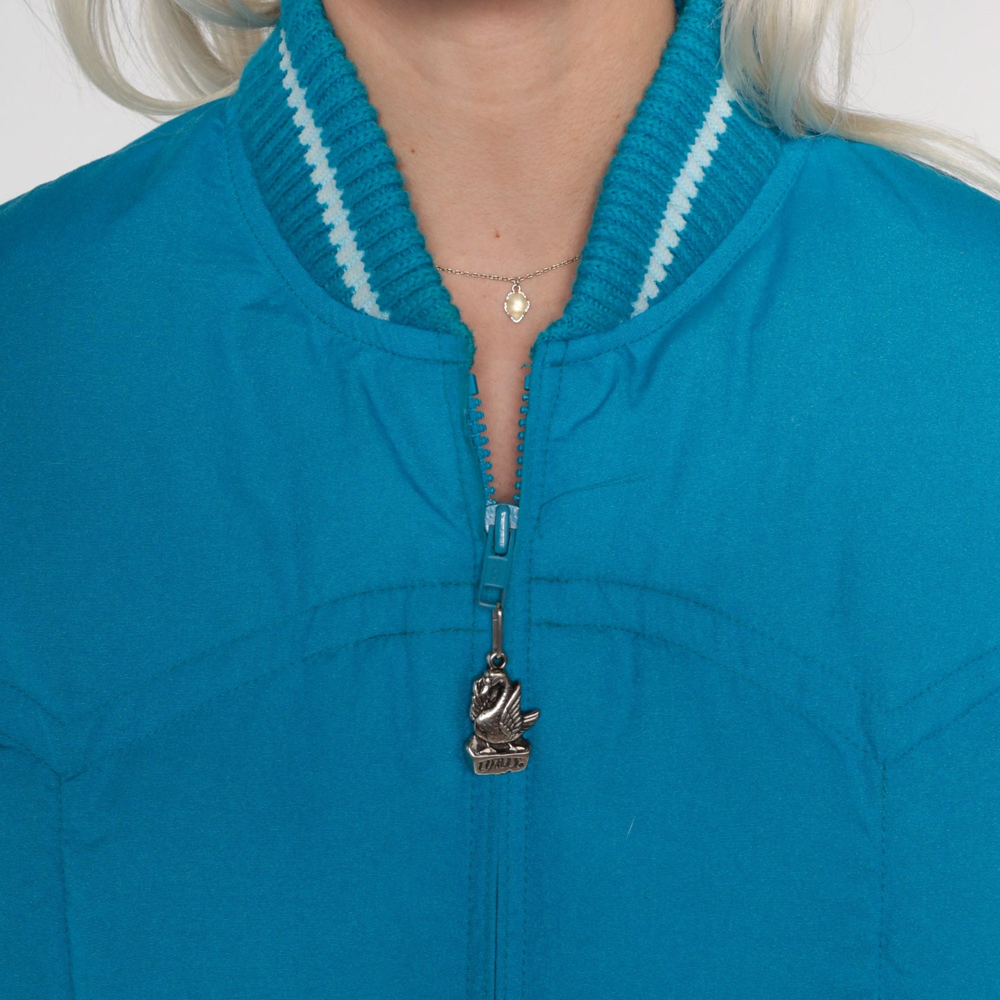 80s Blue Puffer Ski Jacket Nylon Down Fill Zip Front Medium