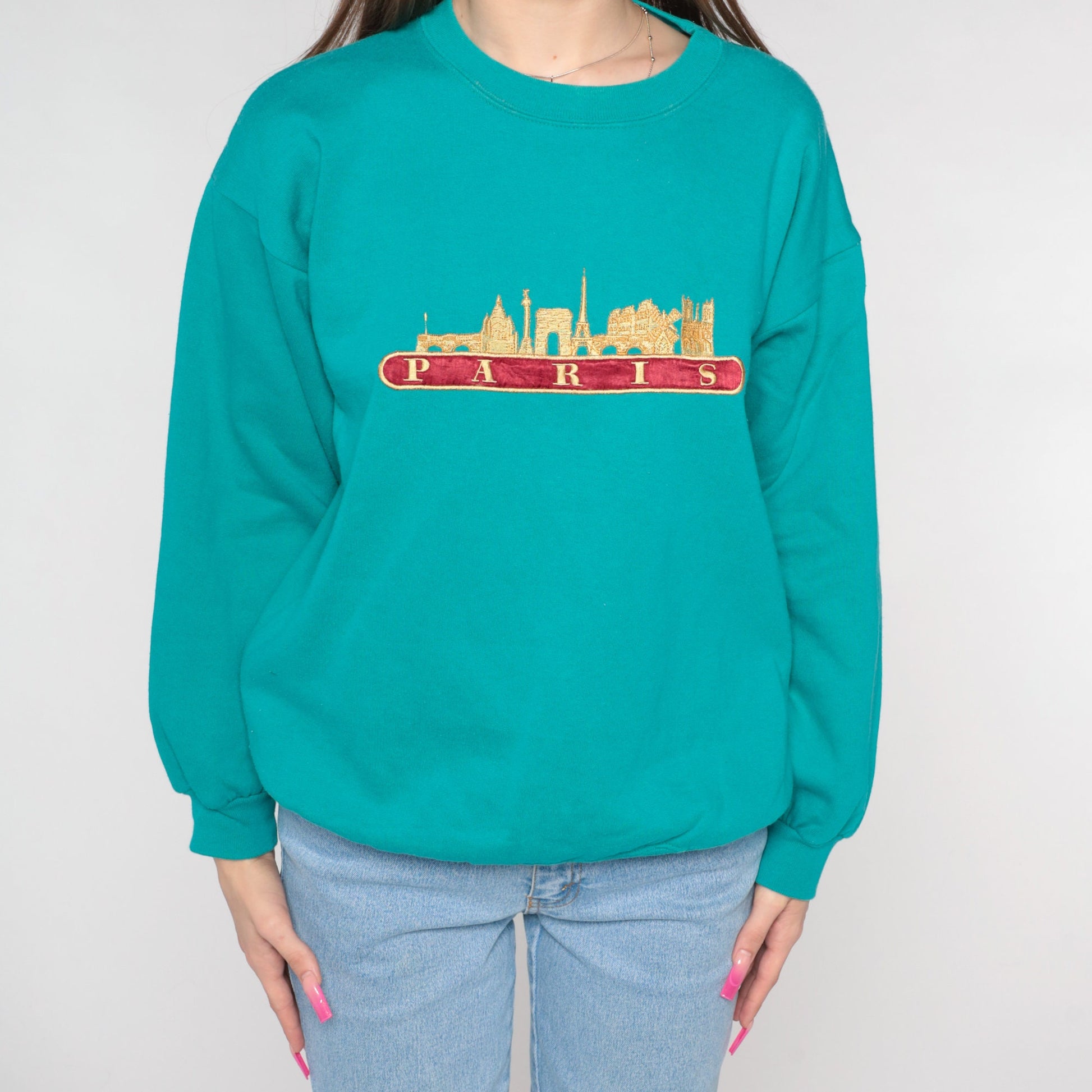 90s Paris Eiffel Tower Embroidered Sweatshirt Teal Green Crewneck Large