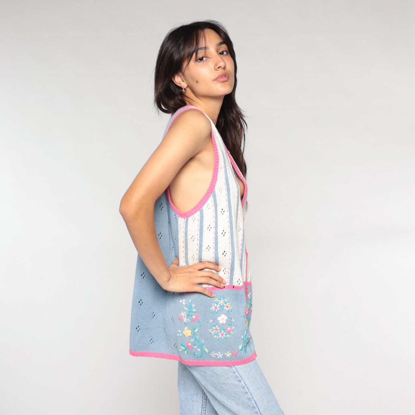 90s Floral Pointelle Knit Sweater Vest Button-Up White Pink Blue Extra Large XXL