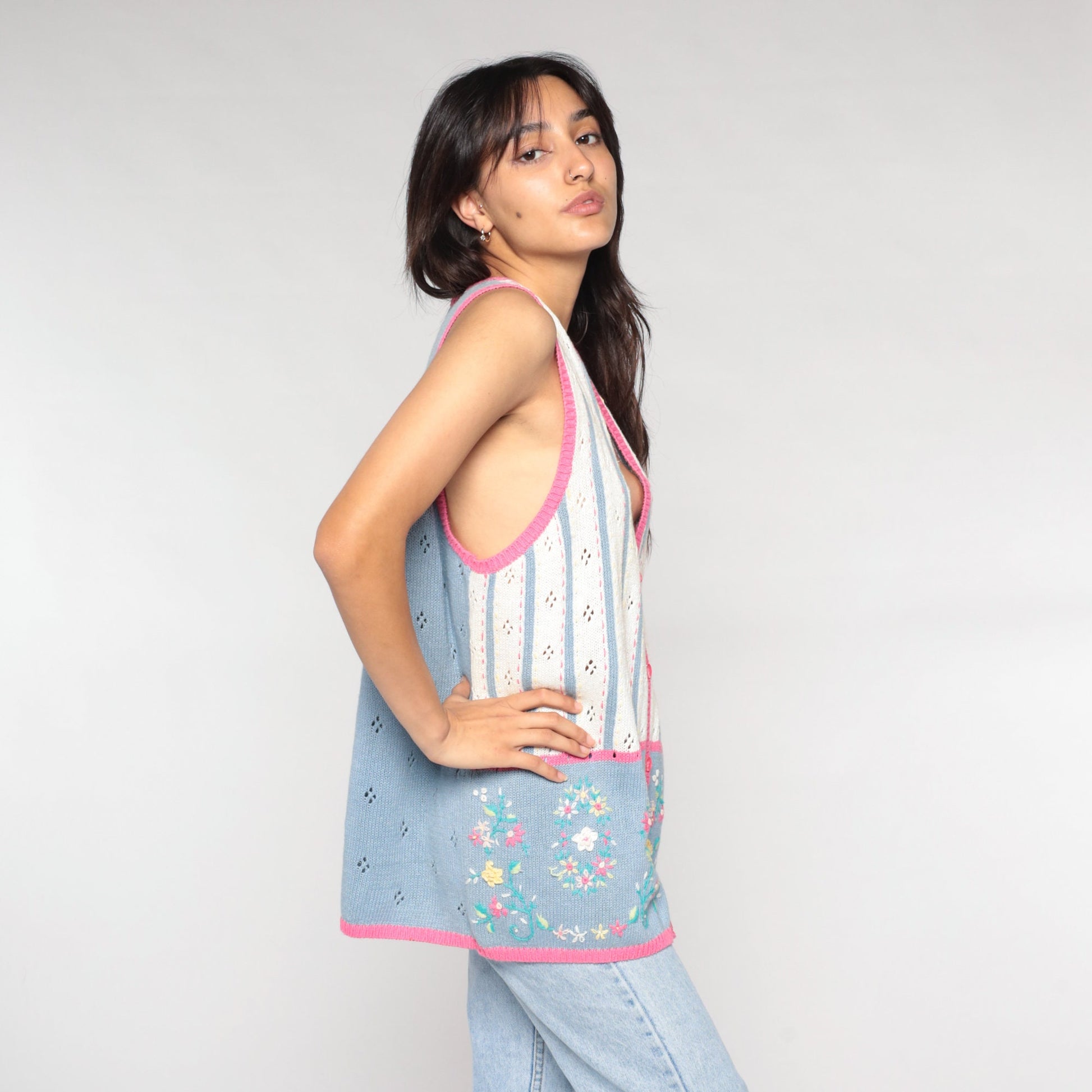 90s Floral Pointelle Knit Sweater Vest Button-Up White Pink Blue Extra Large XXL