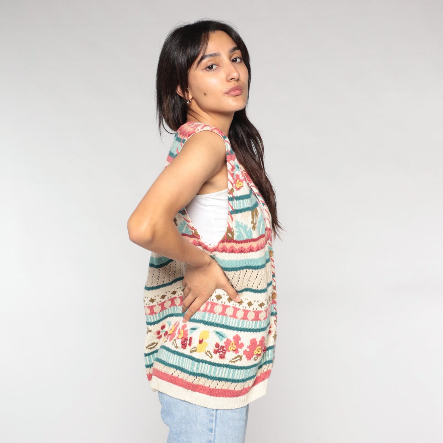 90s Striped Floral Sweater Vest Button-Up Knit White Pink Blue Large L