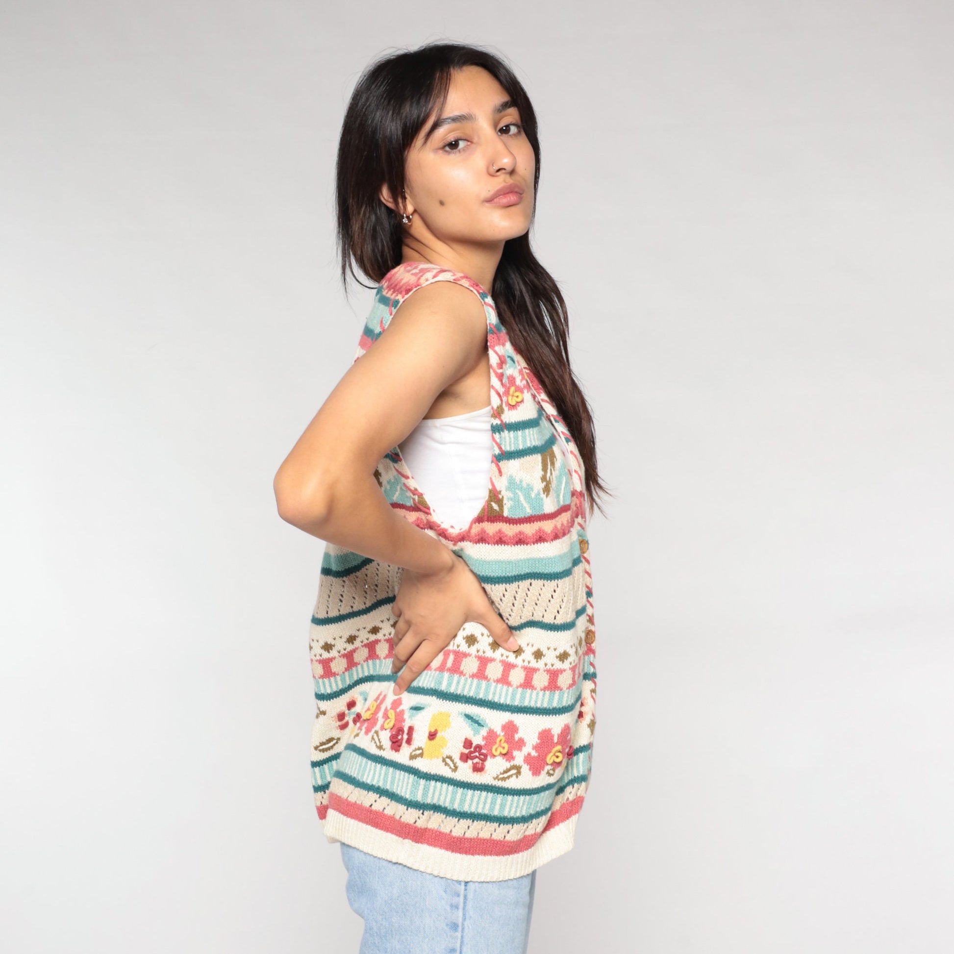 90s Striped Floral Sweater Vest Button-Up Knit White Pink Blue Large L