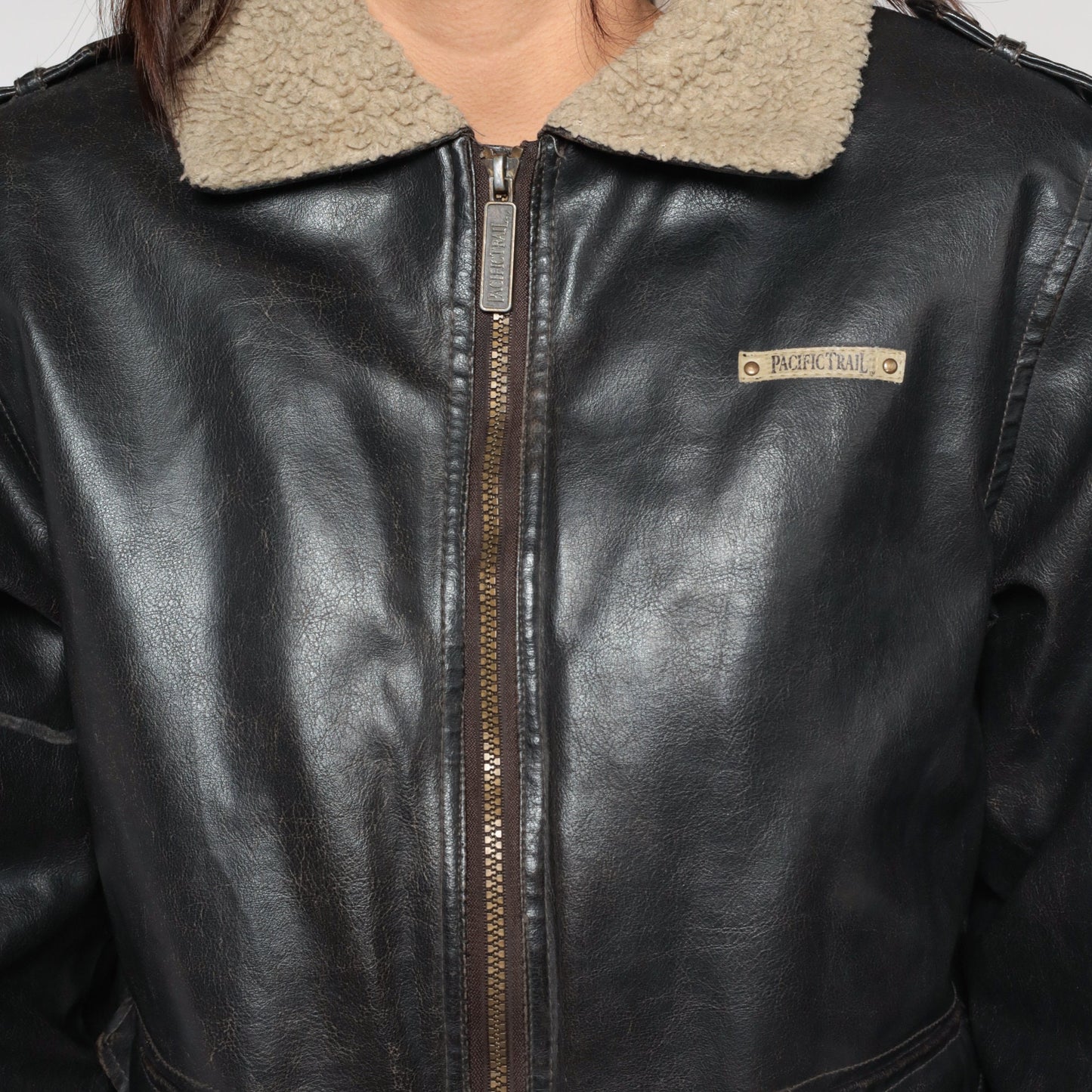 Y2K Pacific Trail Faux Leather Sherpa Aviator Jacket Dark Brown Small