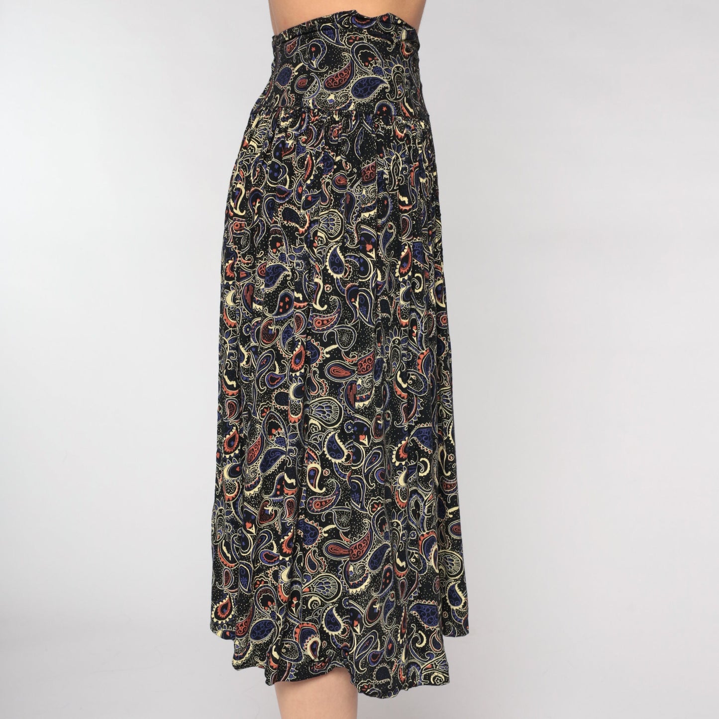 90s Black Paisley Midi Skirt High Waist Extra Small XS
