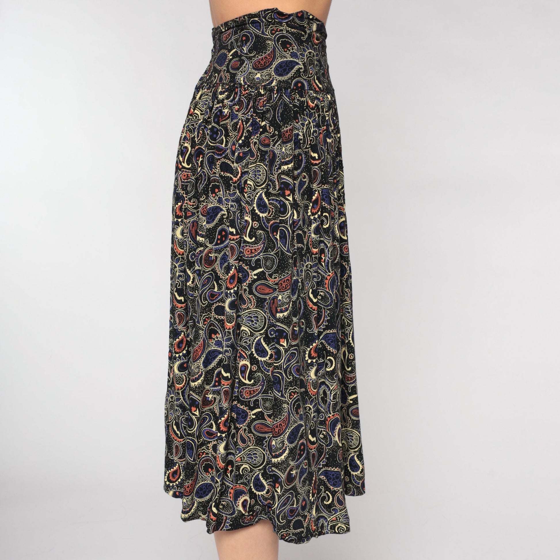90s Black Paisley Midi Skirt High Waist Extra Small XS