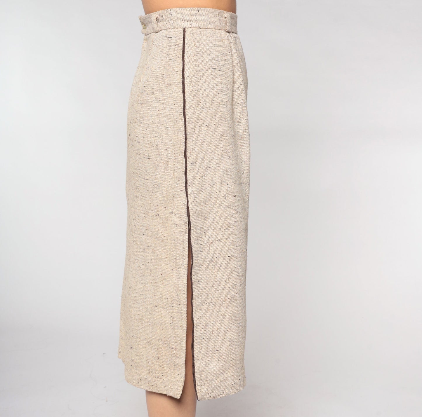 70s Tan Pencil Midi Skirt High Waist Side Slit Woven Extra Small