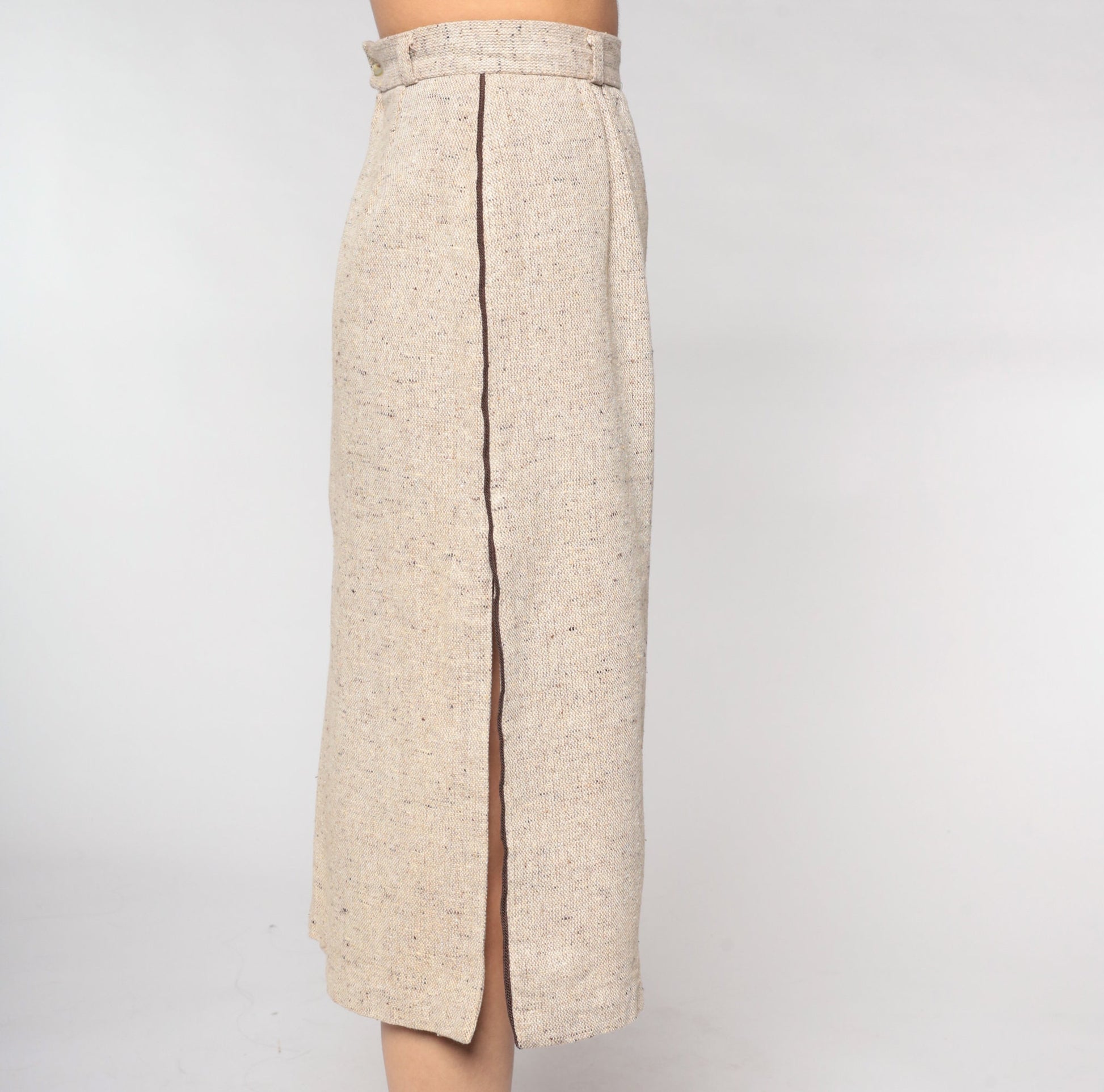 70s Tan Pencil Midi Skirt High Waist Side Slit Woven Extra Small