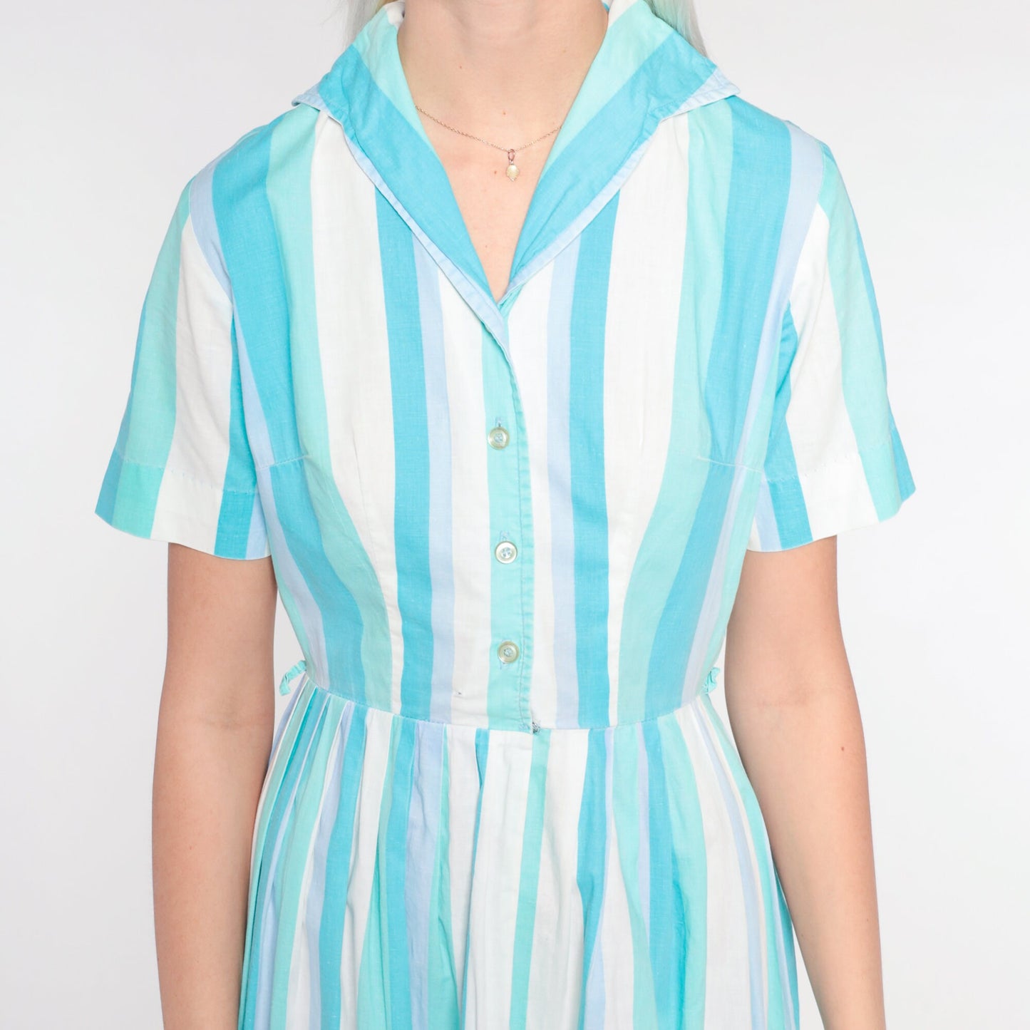 60s Blue White Striped Shirtdress Pleated Midi High Waist Button Up Extra Small