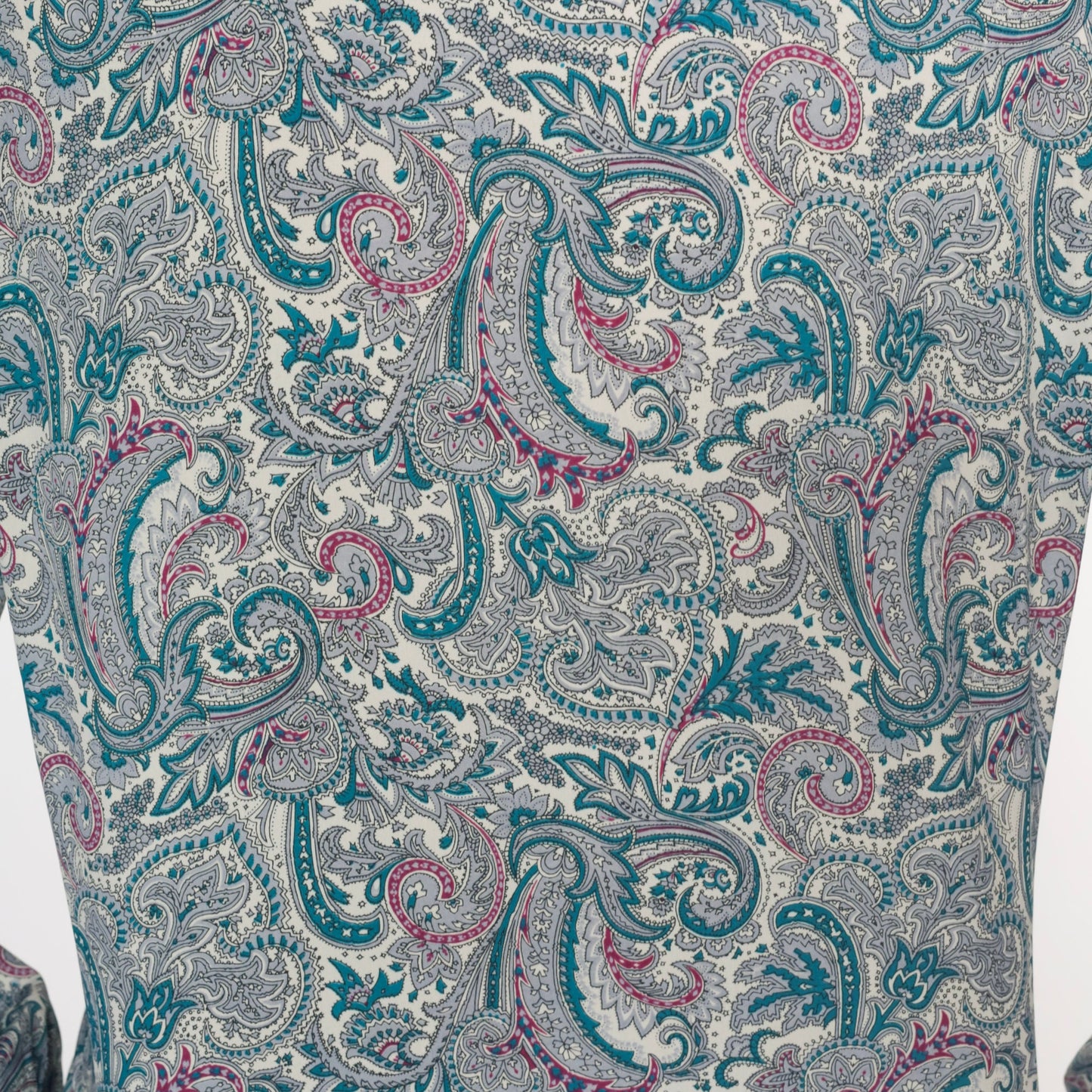 70s Paisley Ascot Blouse Teal Psychedelic Button-Up Puff Sleeve Medium