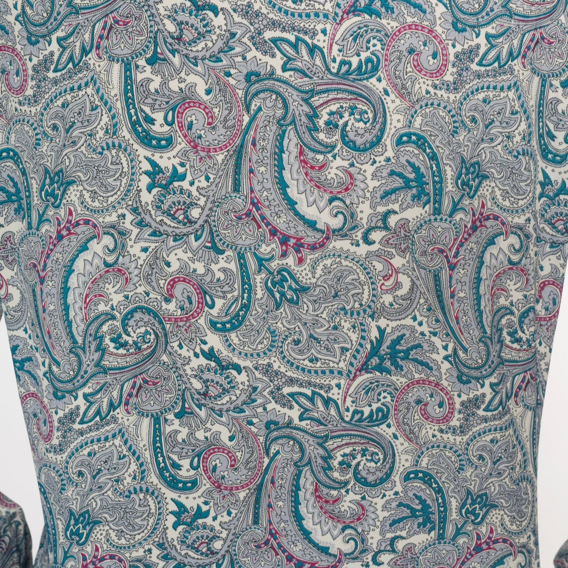 70s Paisley Ascot Blouse Teal Psychedelic Button-Up Puff Sleeve Medium