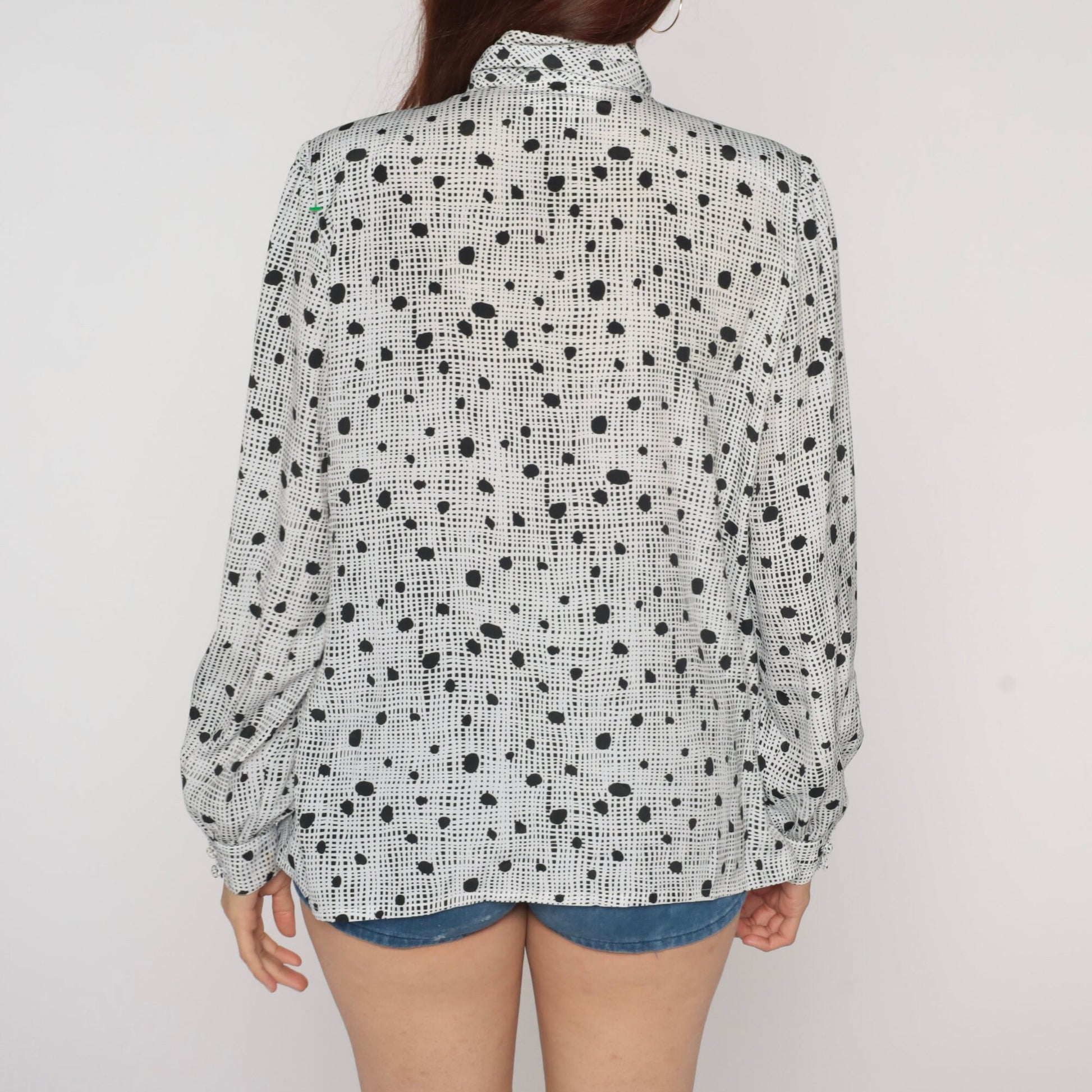 80s Black White Polka Dot Mock Neck Blouse Pleated Long Sleeve Large