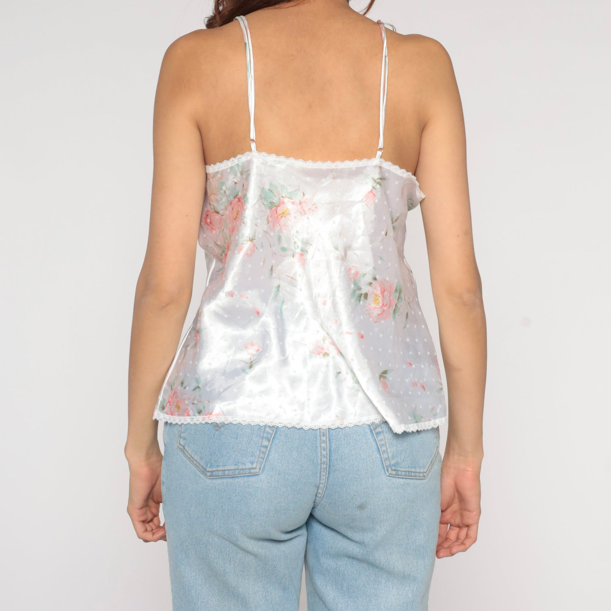 00s Floral Dot Camisole Lace Trim Tank Top White Large L