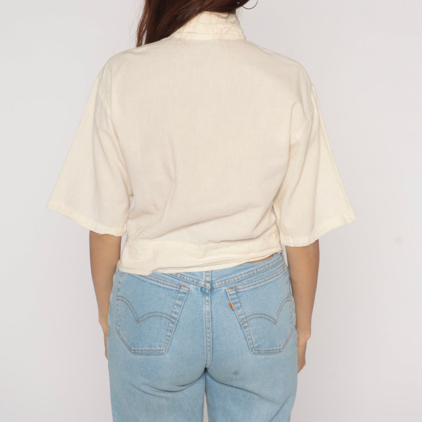 90s Tie Front Blouse Cream Cotton Button Up Short Sleeve Small