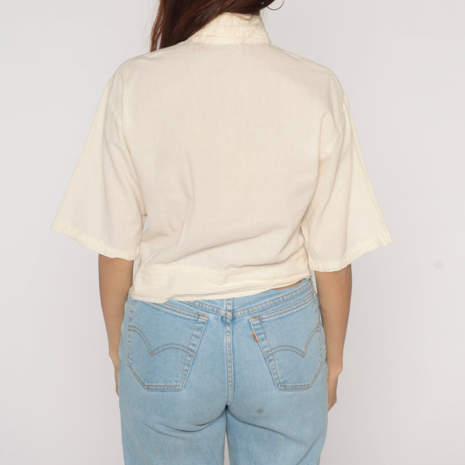 90s Tie Front Blouse Cream Cotton Button Up Short Sleeve Small