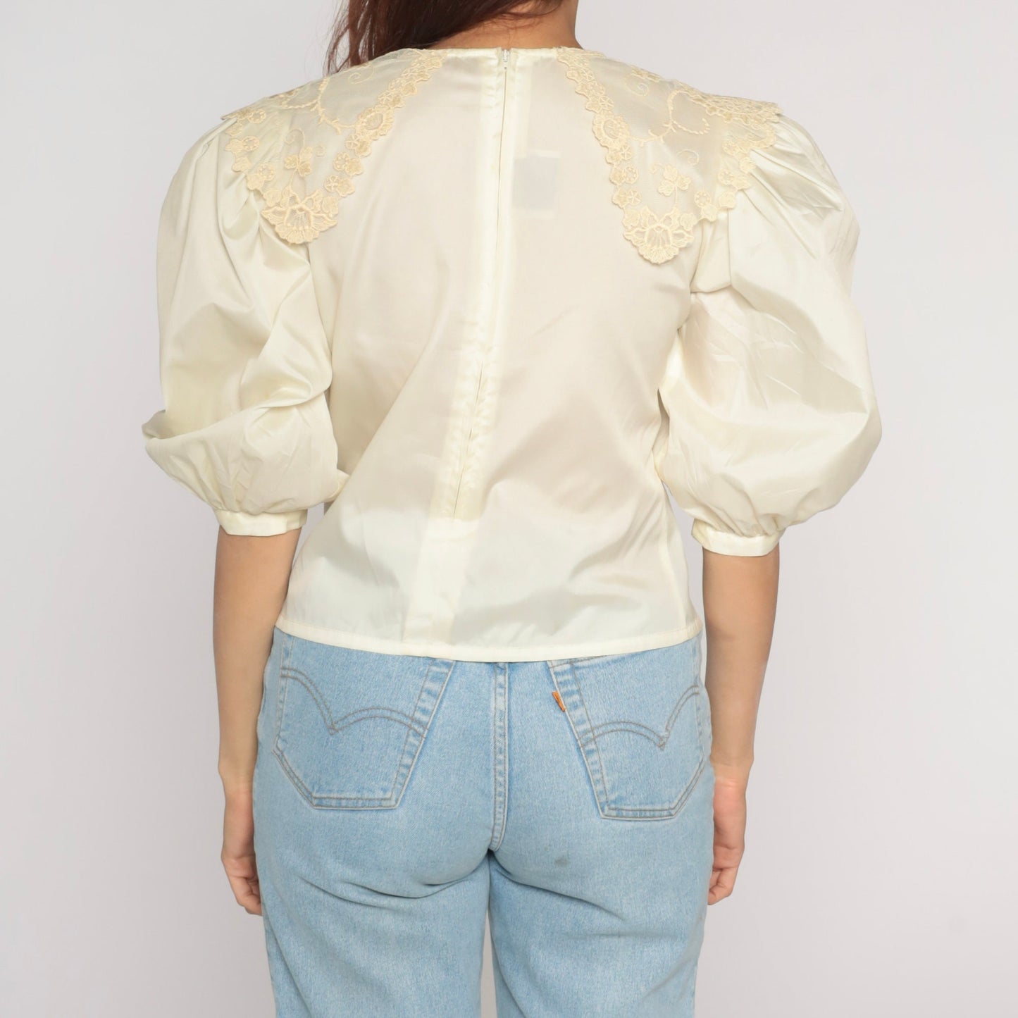 80s Puff Sleeve Blouse Beige Lace Bib Victorian Zip Back Small