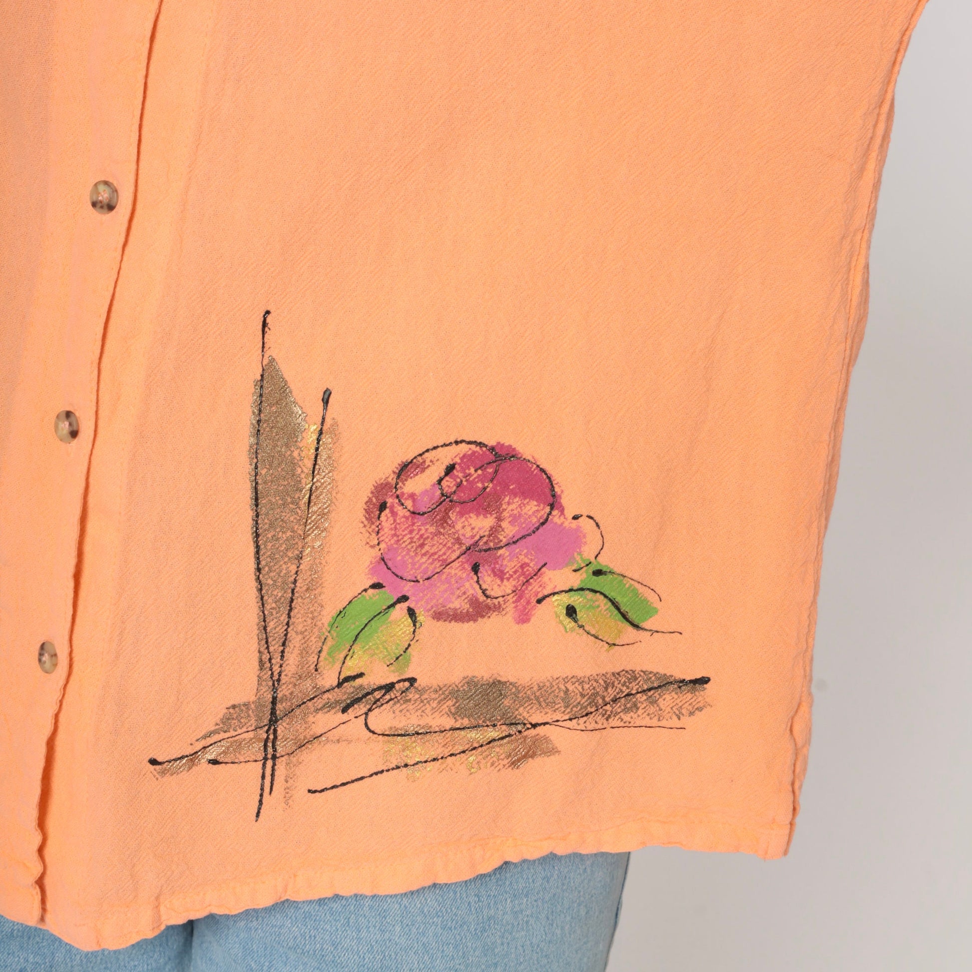 00s Rose Print Peach Floral Button-Up Blouse Cotton Long Sleeve Medium M