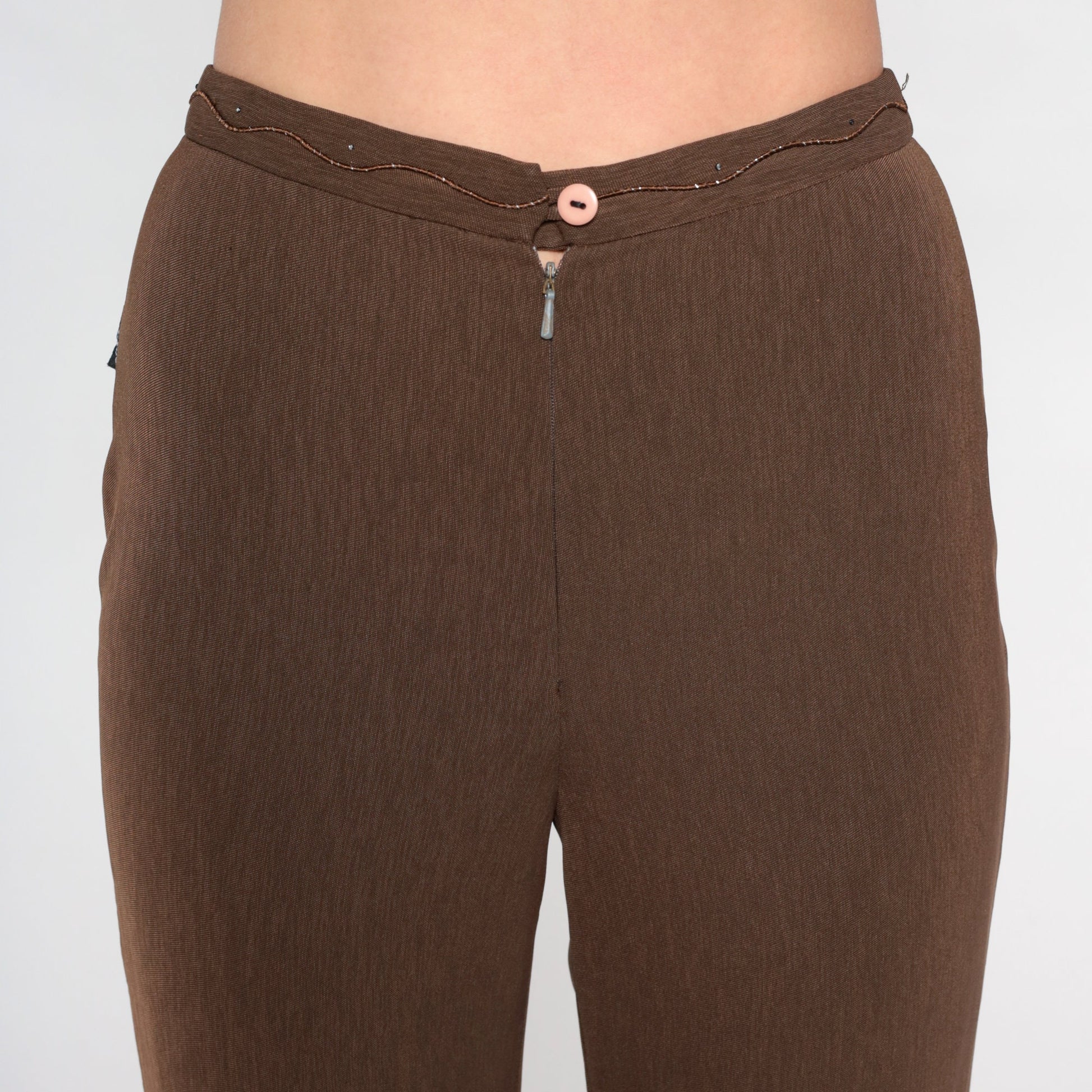 Y2K Brown High-Waisted Straight Leg Pants Sparkly Squiggle XS