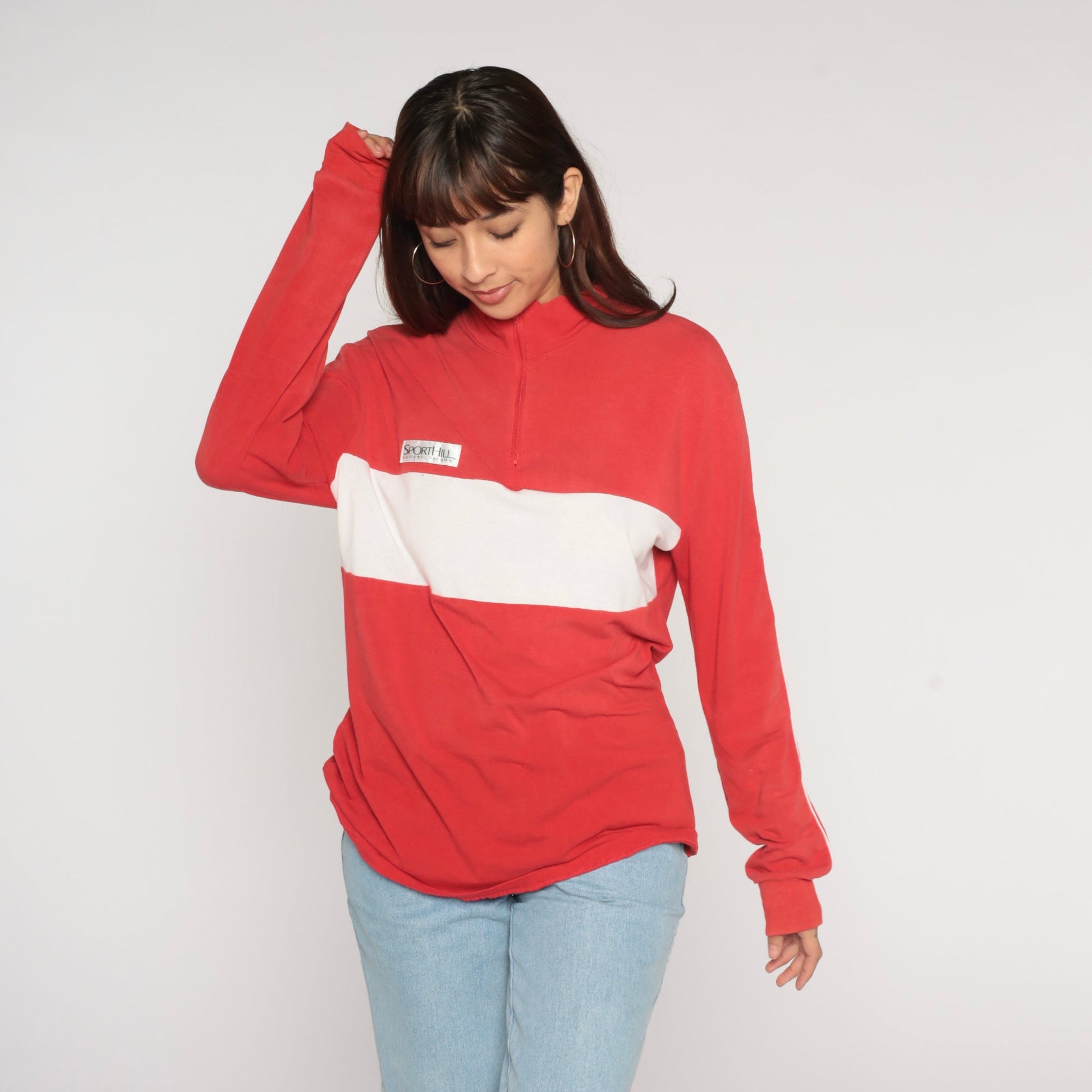 90s Sporthill Quarter Zip Long Sleeve Shirt Red White Stripe Large L