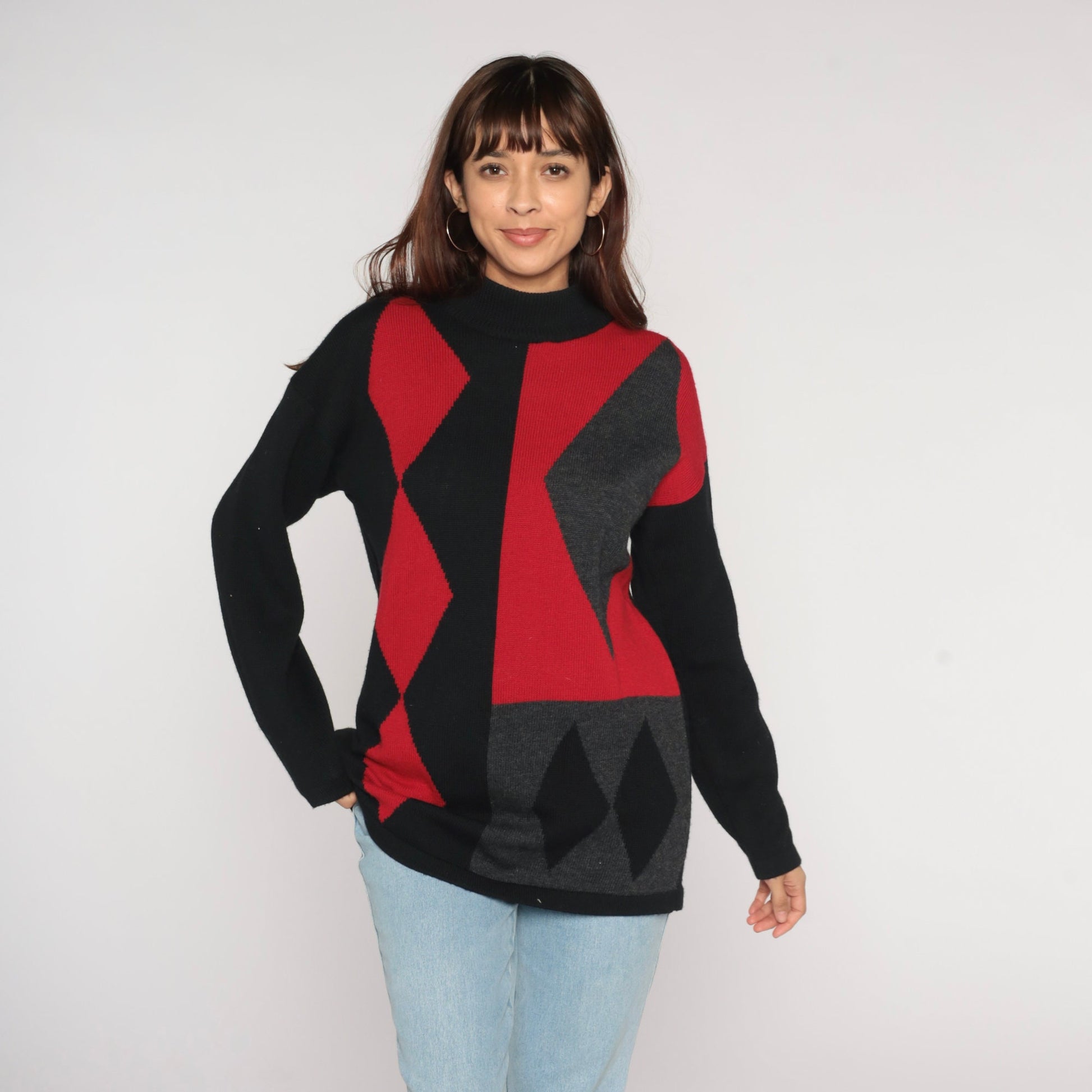 90s Merino Wool Diamond Harlequin Sweater Mock Neck Black Red Charcoal Medium M