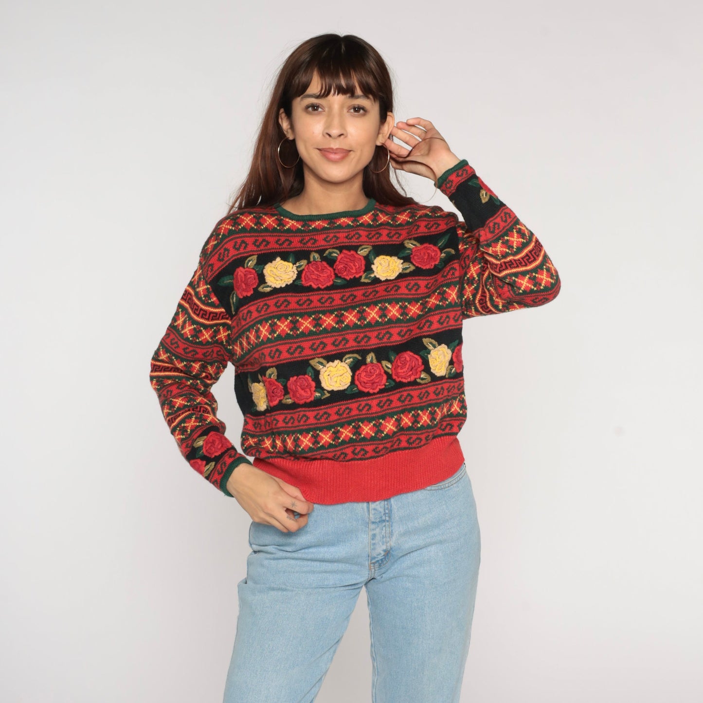 90s Herman Geist Black Red Floral Embroidered Argyle Knit Sweater Large L