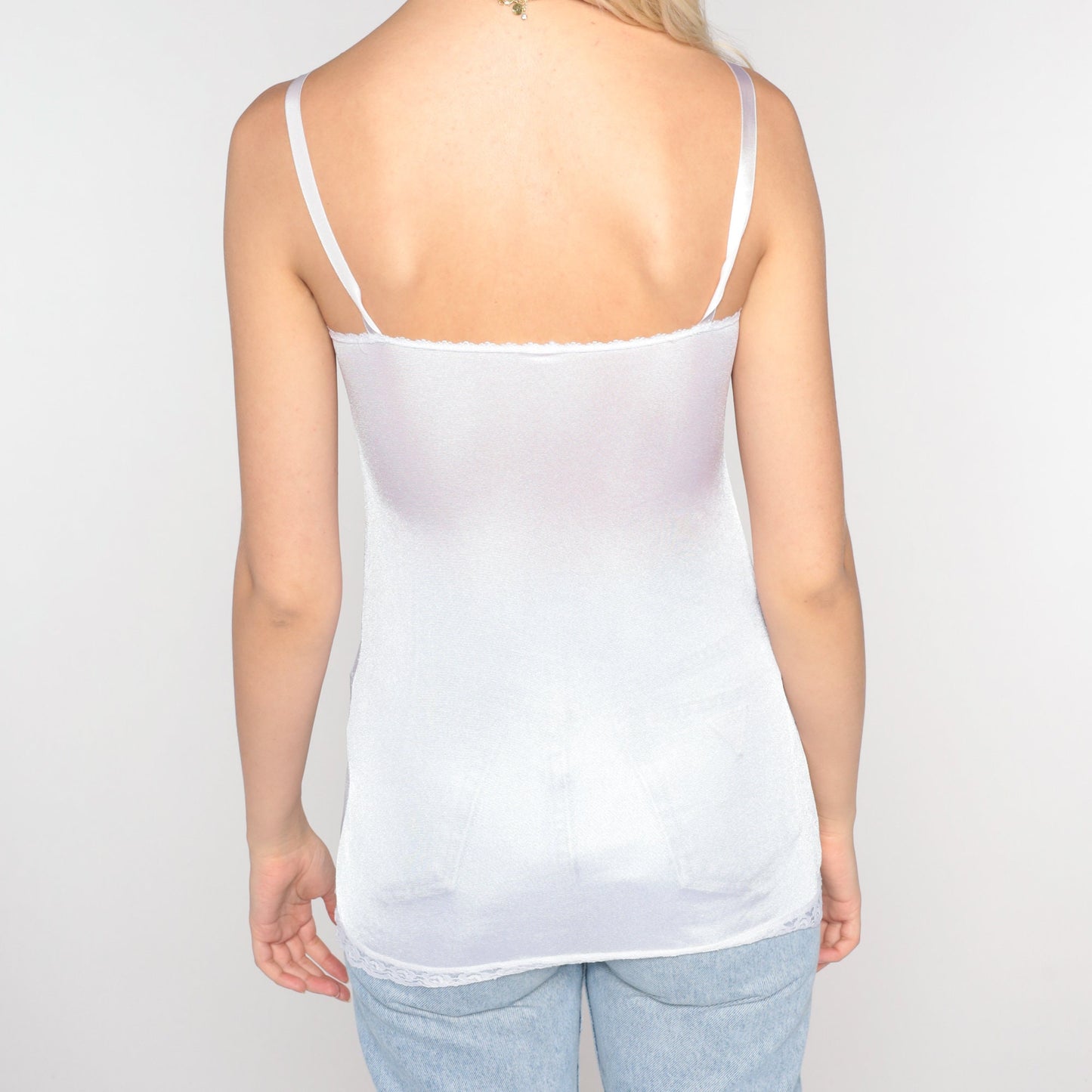 80s White Nylon Camisole Spaghetti Strap Floral Applique Tank XXS