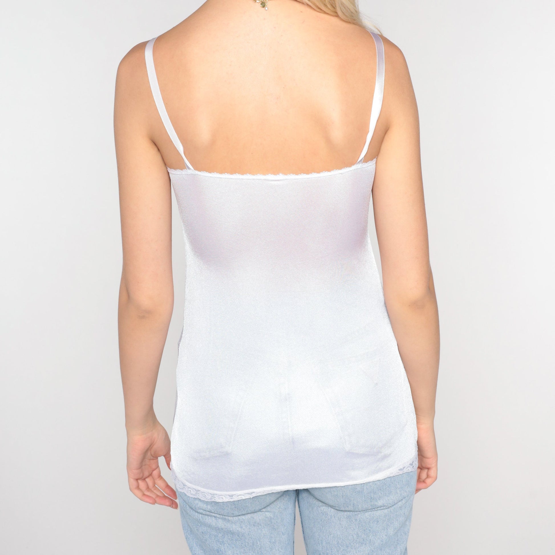 80s White Nylon Camisole Spaghetti Strap Floral Applique Tank XXS