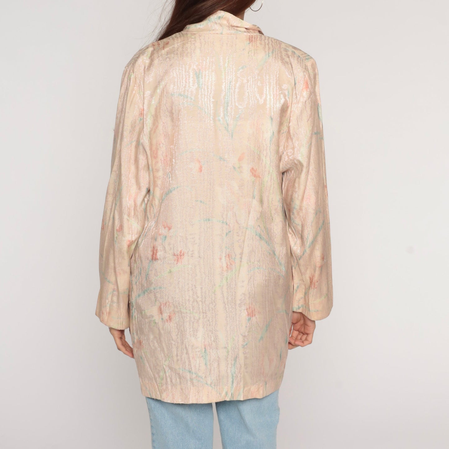 90s Blush Pink Floral Abstract Blazer Double Breasted Embossed Shiny Jacket Large L
