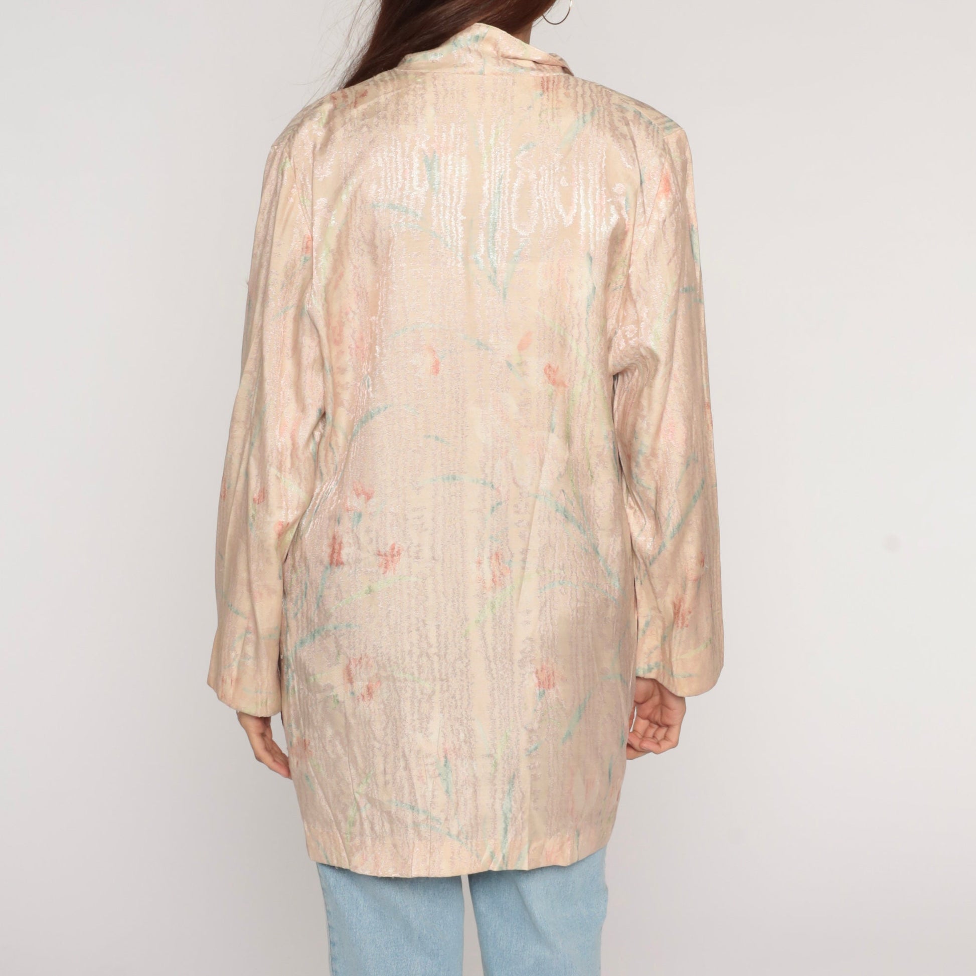90s Blush Pink Floral Abstract Blazer Double Breasted Embossed Shiny Jacket Large L