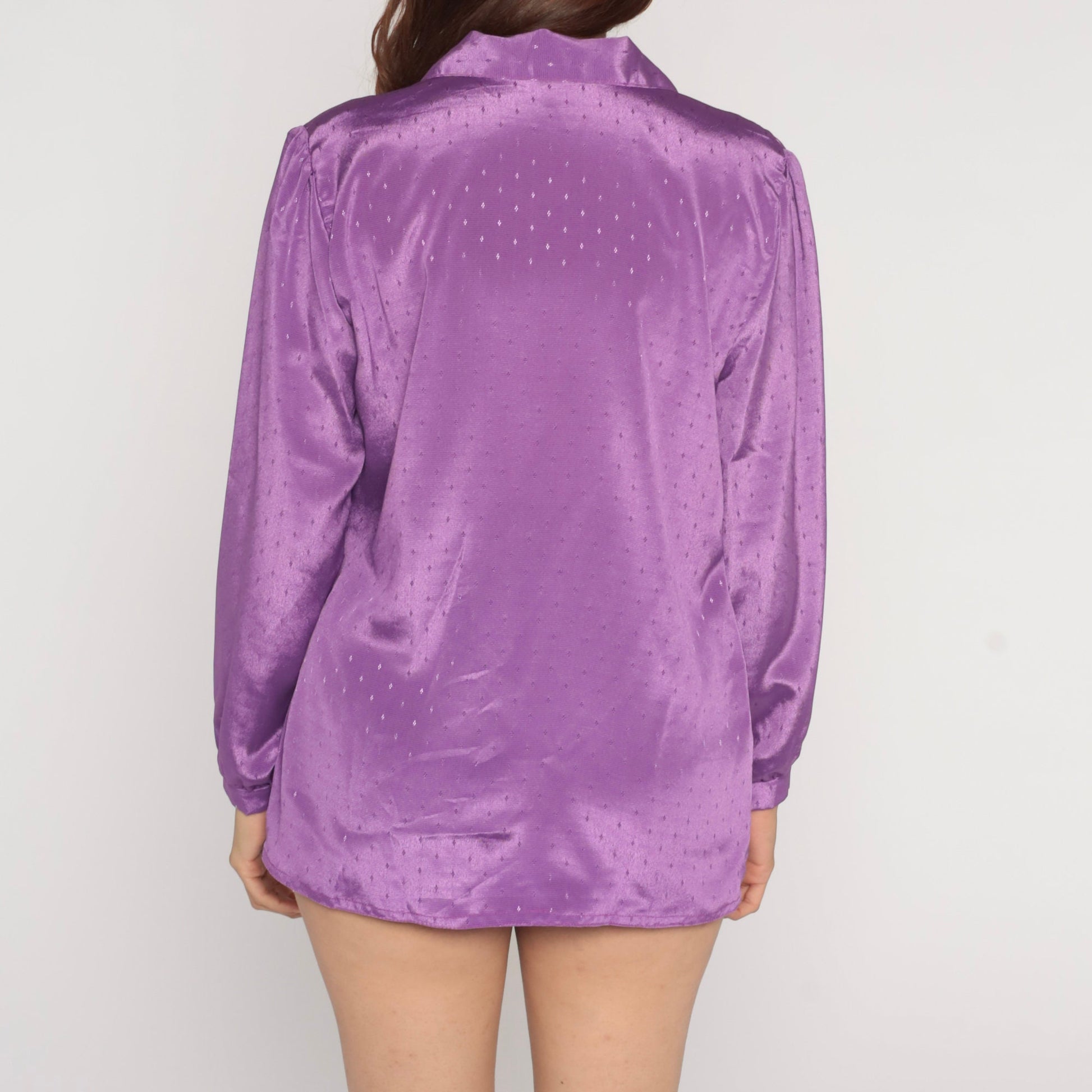 80s Purple Embossed Geometric Button-Up Blouse Long Sleeve Medium