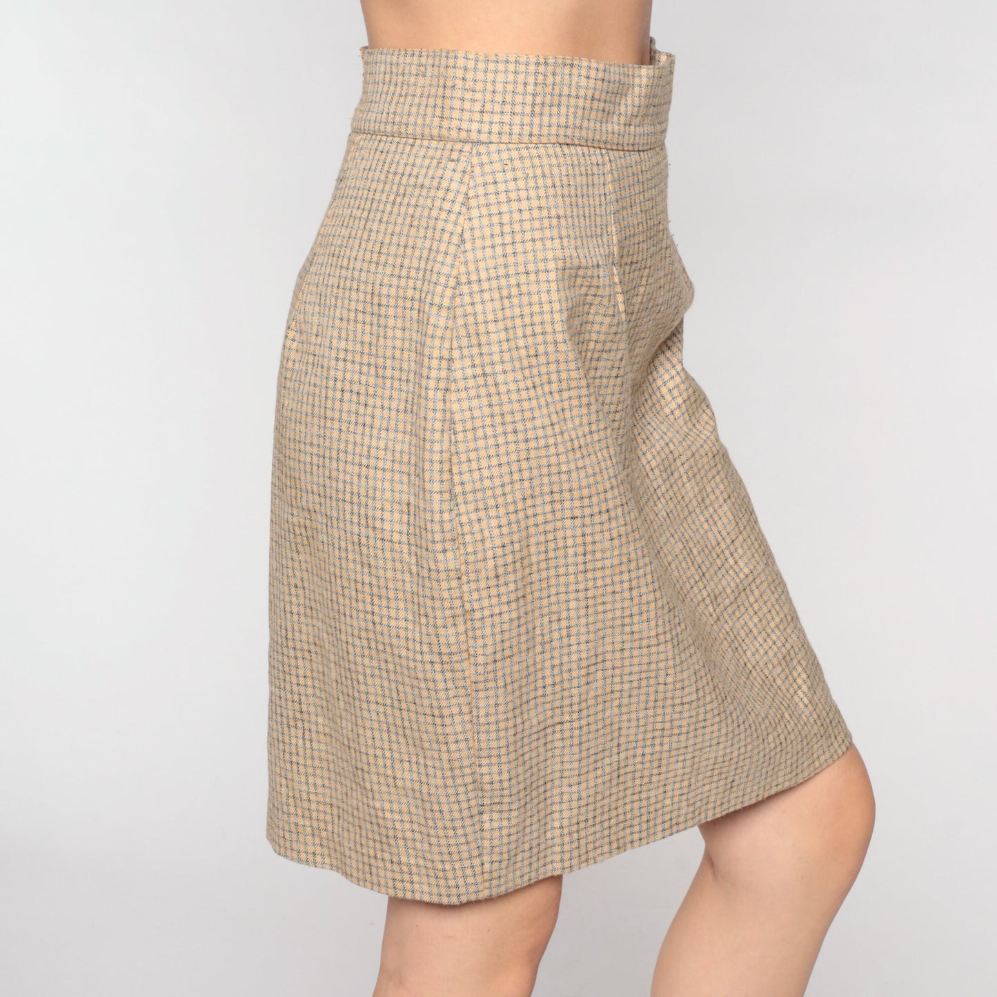 90s Checkered Mini Pencil Skirt Tan Grey High Waisted Small