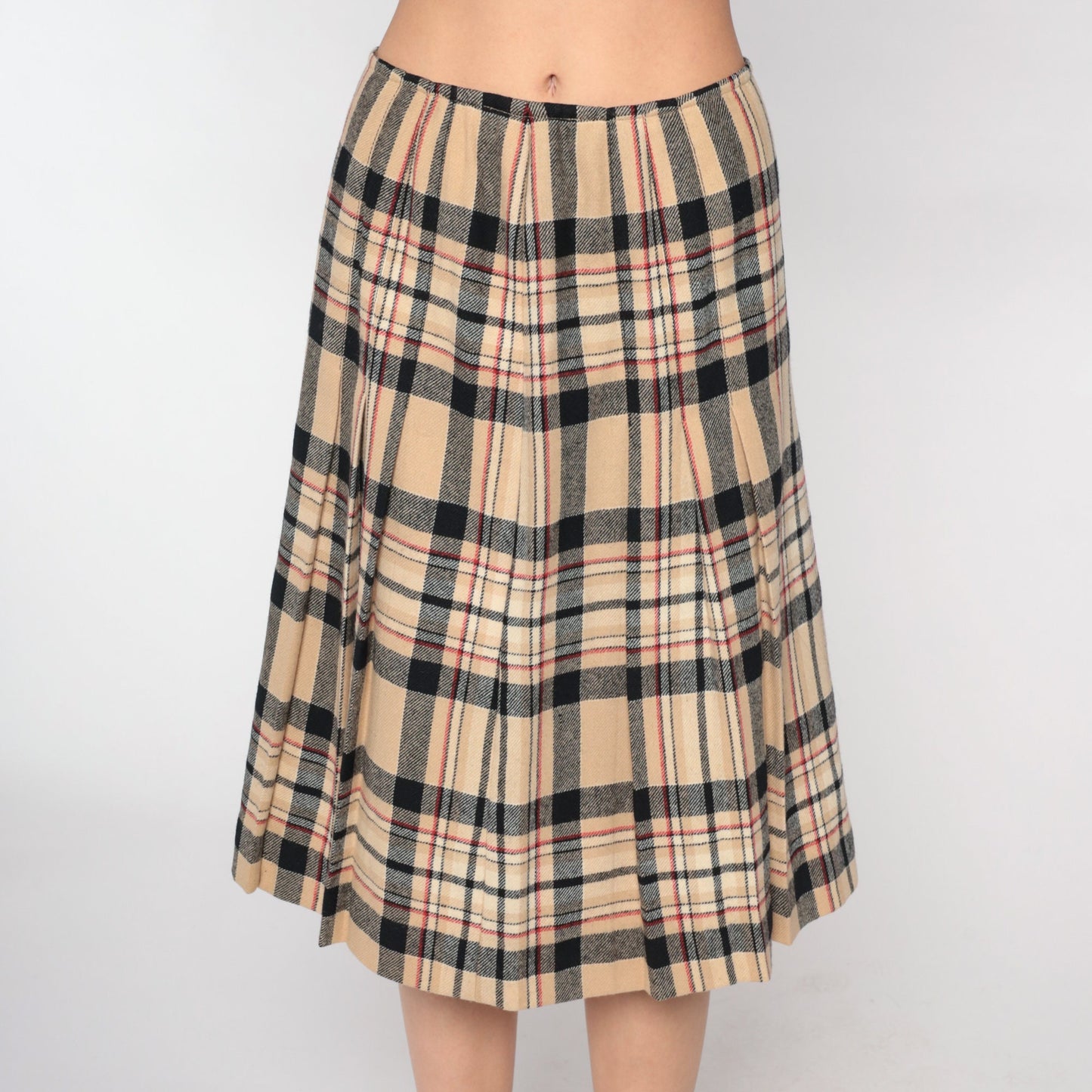 70s Young Pendleton Wool Midi Skirt Pleated Tan Plaid High Waist Small