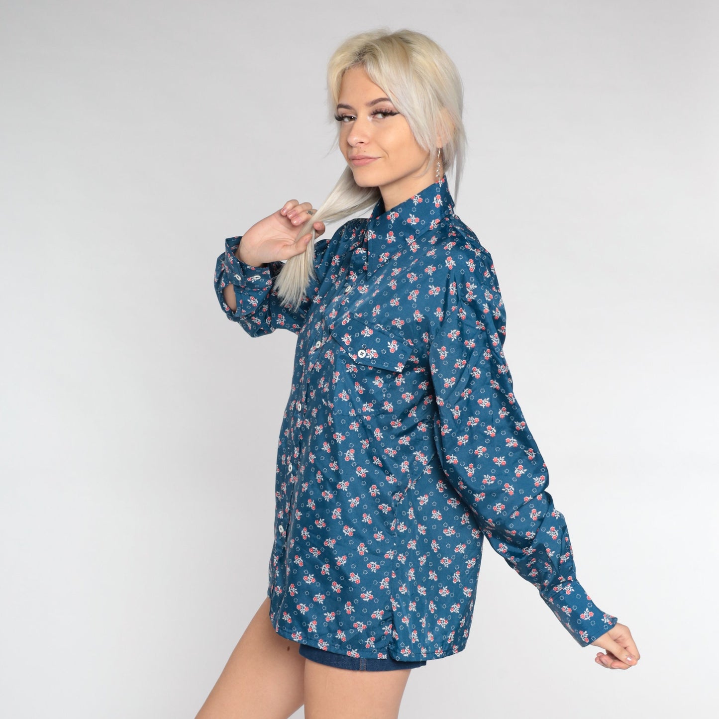 70s Skyr Floral Disco Shirt Blue Dagger Collar Button Up Medium