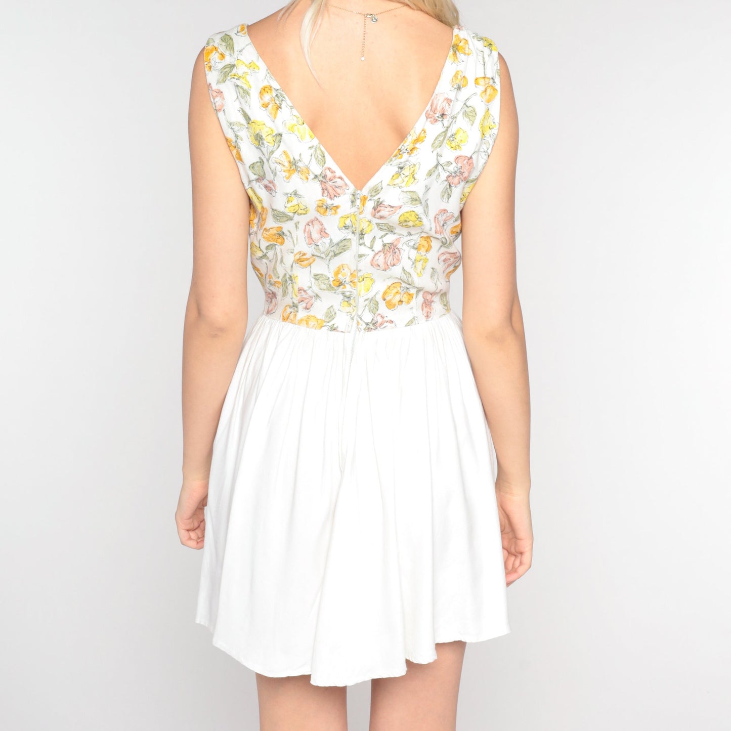 60s Floral Mini Dress White Sleeveless High Waist Fit Flare Extra Small
