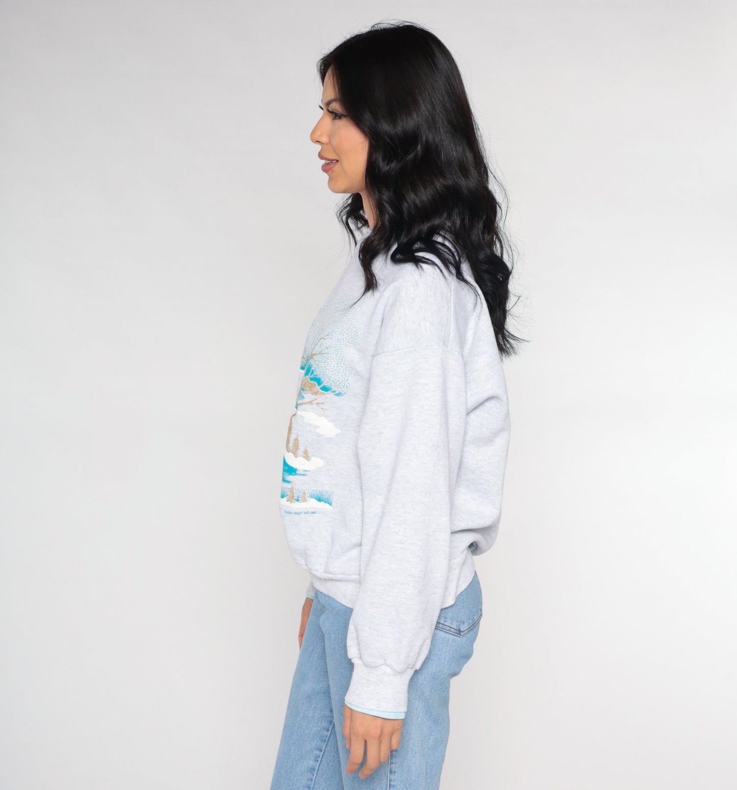 90s Winter Scene Sweatshirt Gold Glitter Trees Heather Grey Medium