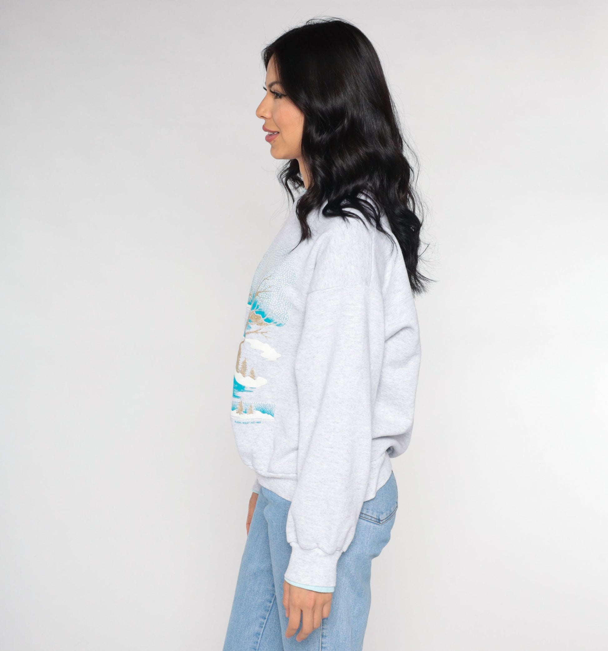 90s Winter Scene Sweatshirt Gold Glitter Trees Heather Grey Medium
