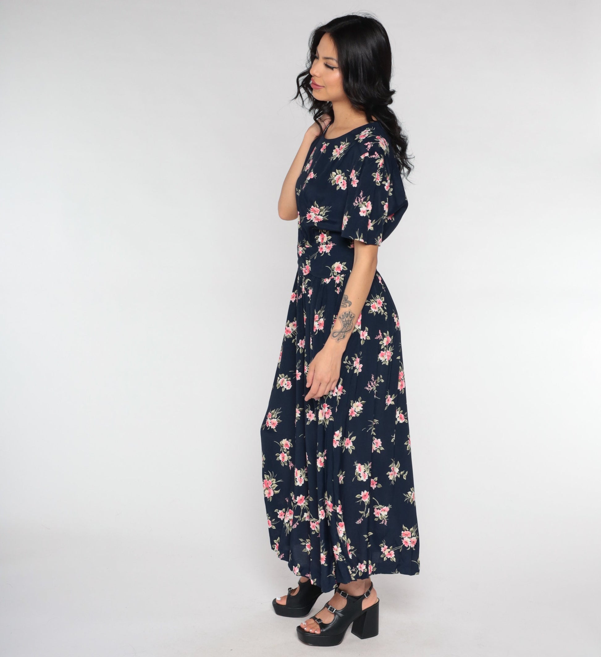 90s Navy Floral Maxi Dress Empire Waist Button Back Short Sleeve Small